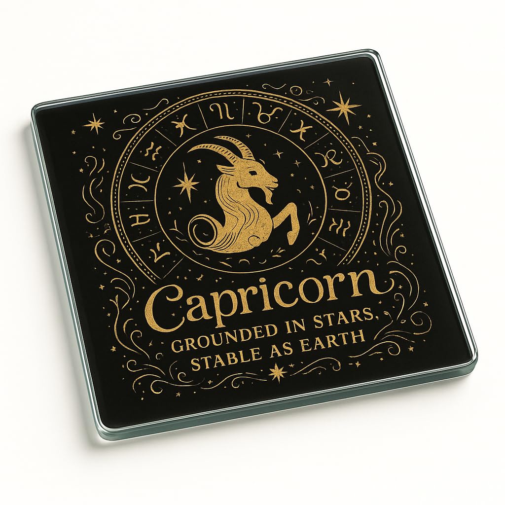 The Plum Penguin Celestial Capricorn Boho Celestial Acrylic Coaster Gift - Zodiac Design With Metallic Accents Home Decor Accessory