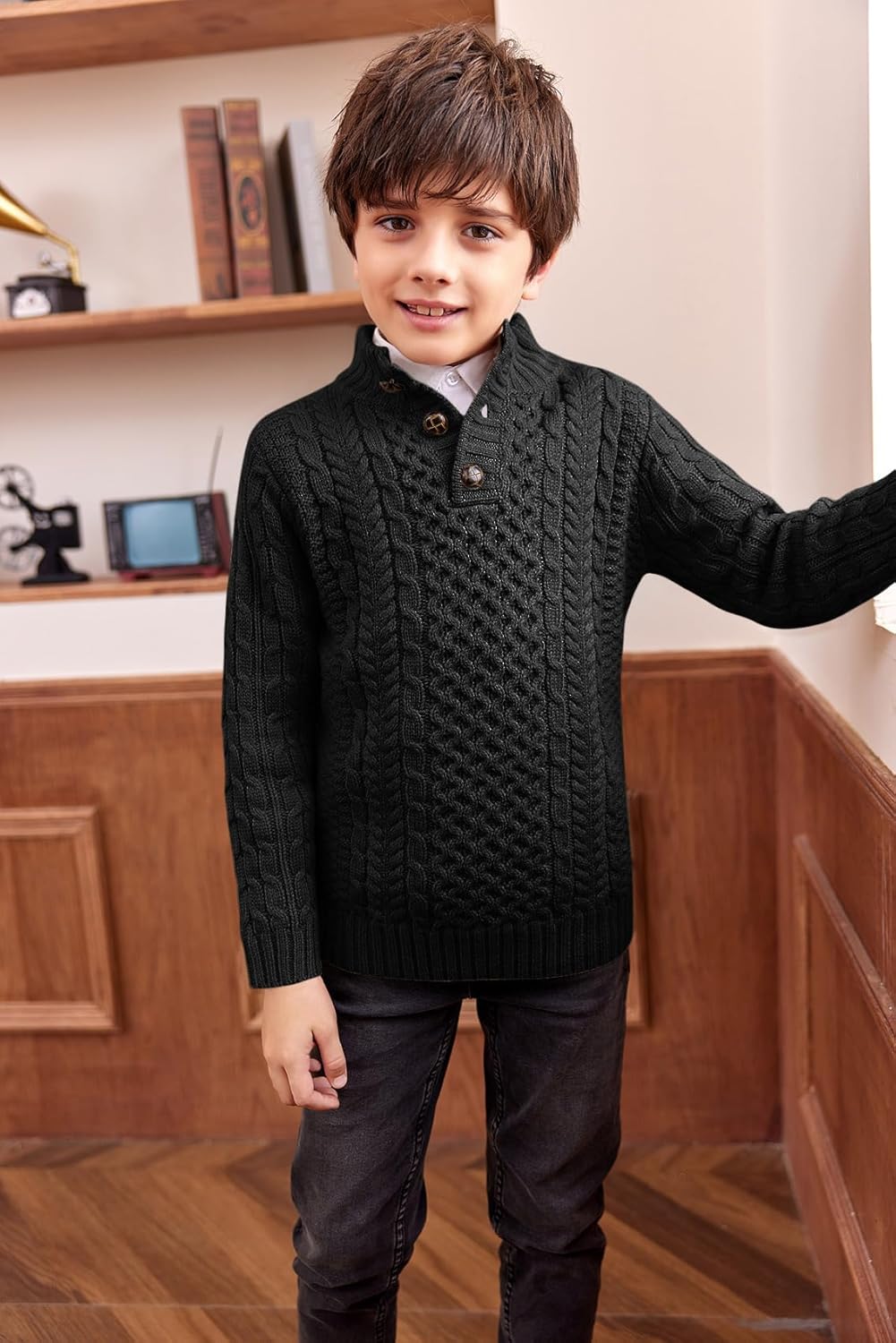 Makkrom Kids and Boys Mock Neck Pullover Sweater Long Sleeve Button Cable Knitted Jumper - Image 3