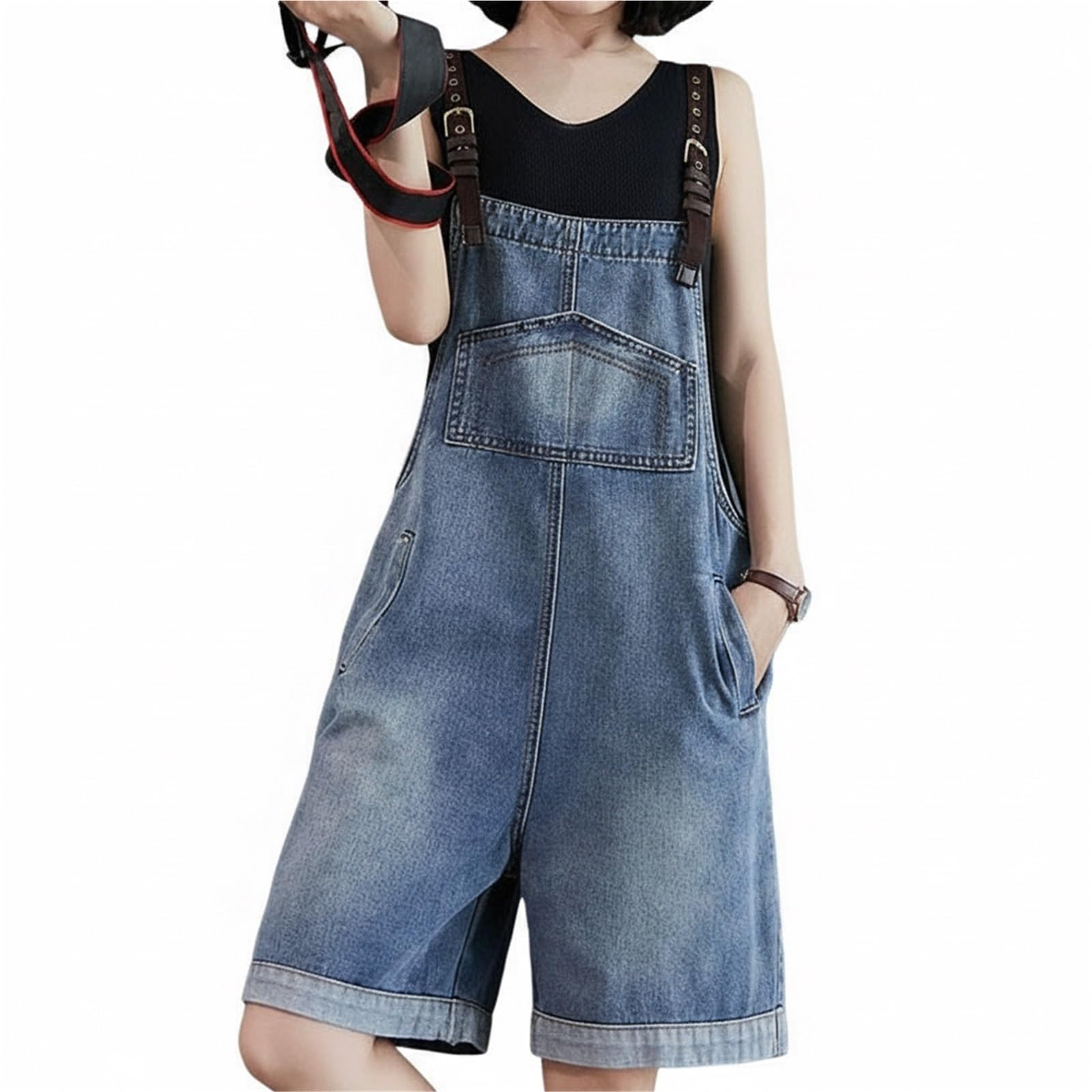 Salopette Courte en Jean pour Femme Salopette Style Boyfriend Jean Longueur Genou pour Femme Pantalon à Bretelles Réglable Short en Jean Pantalon Chaud Pantalon Cargo Court avec Poches