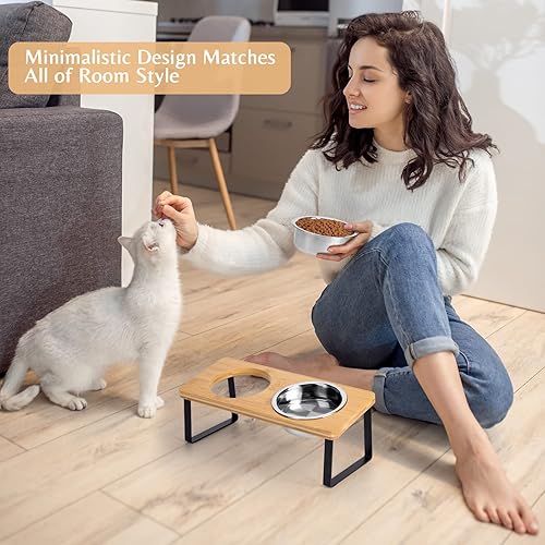 Miniatura 7 de Tazones elevados para alimentos y agua para gatos  Tazón elevado de acero inoxidable inclinado en 15 con soporte de bambú y estación de alimentación