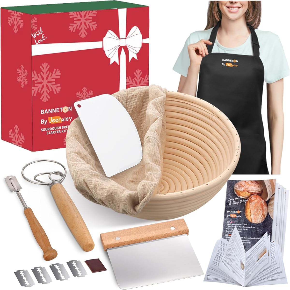 Gärkörbchen Sauerteig Brotbacken Set mit Schürze Box verpackter runder Sauerteigbrot Gärkorb mit Broschüre, Liner und Brot Backen Zubehör, Handgefertigtes hochwertiges Sauerteig Starter Set