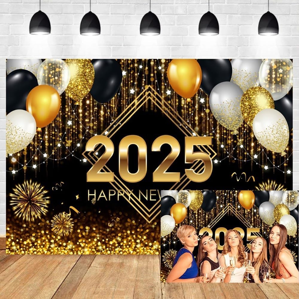 Amazon.com : Leyiyi 10x8ft 2025 Happy New Year Backdrop Black and Gold ...
