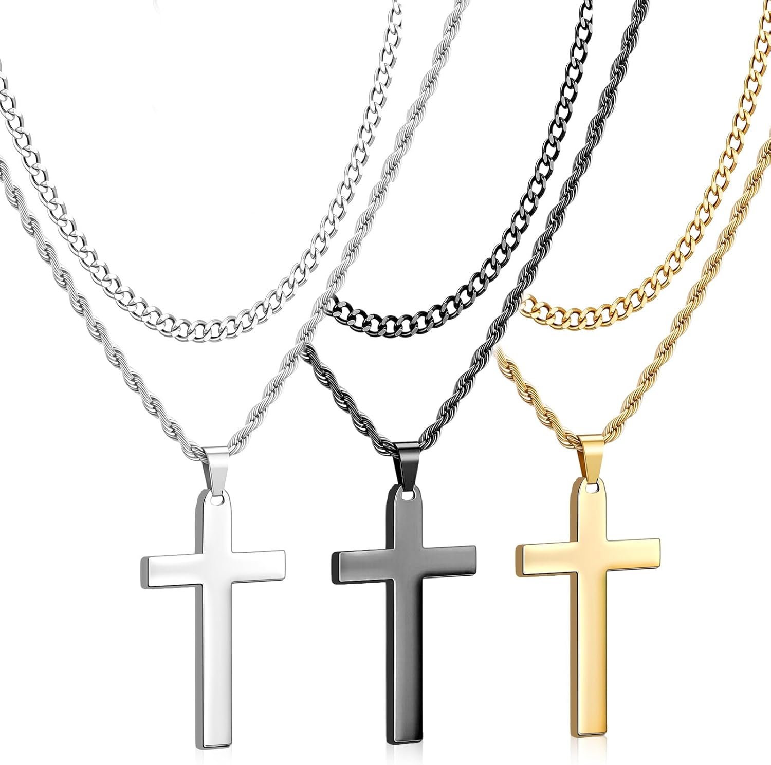 Kigeli Cross Necklace for Men Silver Gold Black Layered Chains Stainless Steel Cross Pendant Religious Jewelry Gifts for Birthday Easter