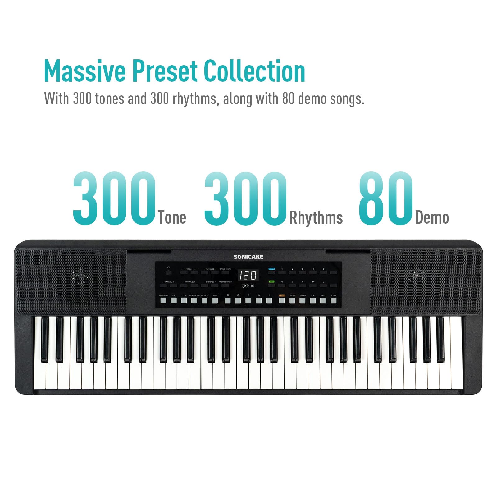 SONICAKE 61 tasti Piano Tastiera digitale per principianti Altoparlanti Bluetooth integrati, cuffie, 300 toni, 300 ritmi e 80 demo