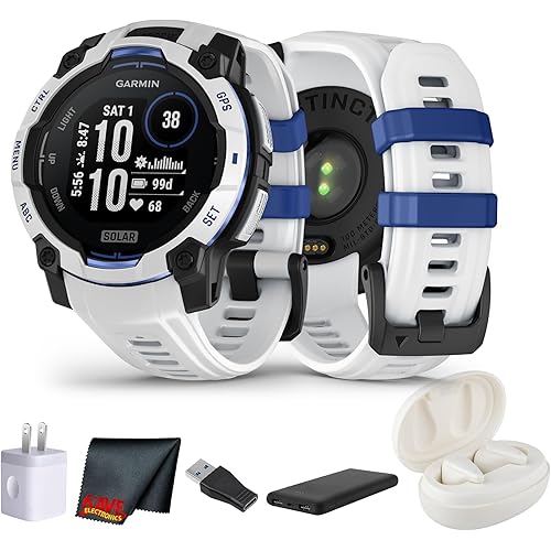 Garmin Instinct 3 Solar Rugged GPS Smartwatch, 45 mm Case,Supernova Collection Watch, Unlimited Battery with Solar Charging, Multi-Band GPS, Built-in Flashlight, Whitestone with Bolt Blue Band