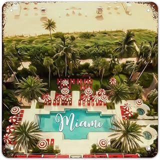 Retro Metal Tin Sign Florida USA Miami Beach Cityscape Metal Sign Popular Country City Souvenir Wall Art Rustic Wall Decor for Bedroom Cafe Bar Office Garage 10x10 inch