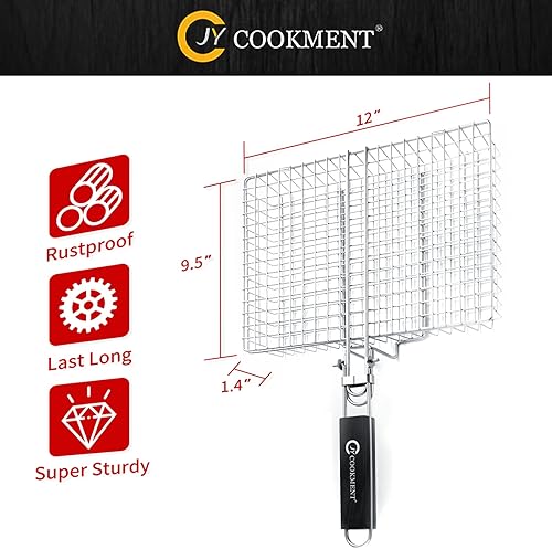 Vista 2 de JY COOKMENT Cesta de parrilla de acero inoxidable con mango extraíble portátil, cesta de parrilla, accesorios para verduras, camarones, pescado