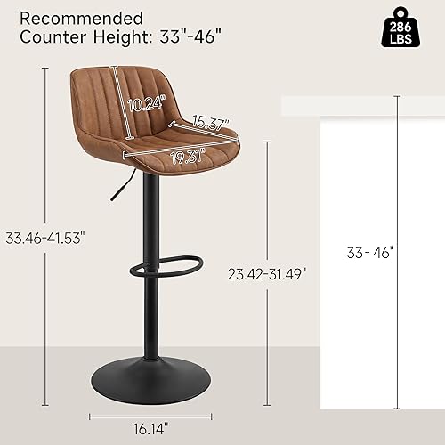 Miniatura 2 de Zouron Juego de 2 taburetes de bar giratorios, taburetes de bar ajustables de altura de mostrador con respaldo alto, taburetes de bar de piel