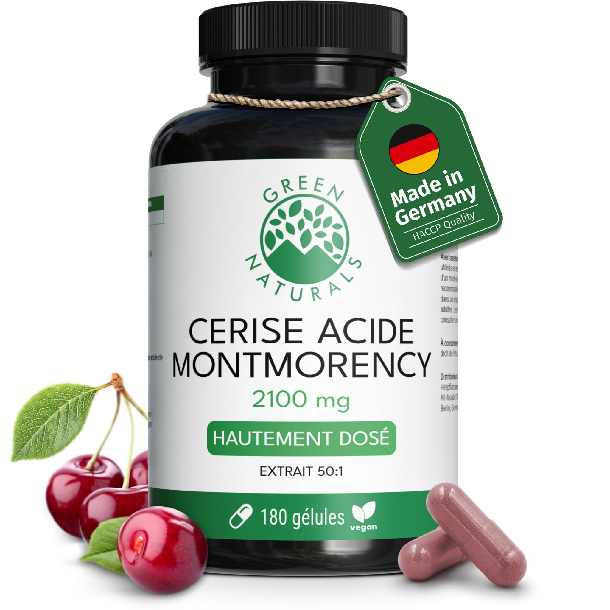 Green Naturals® Cerise Montmorency Haute Dose – 2 100 mg d'extrait 50:1 par dose journalière (équivalent 105 000 mg de fruit) – à partir du fruit entier – vegan, sans additifs – 180 gélules, 2 mois