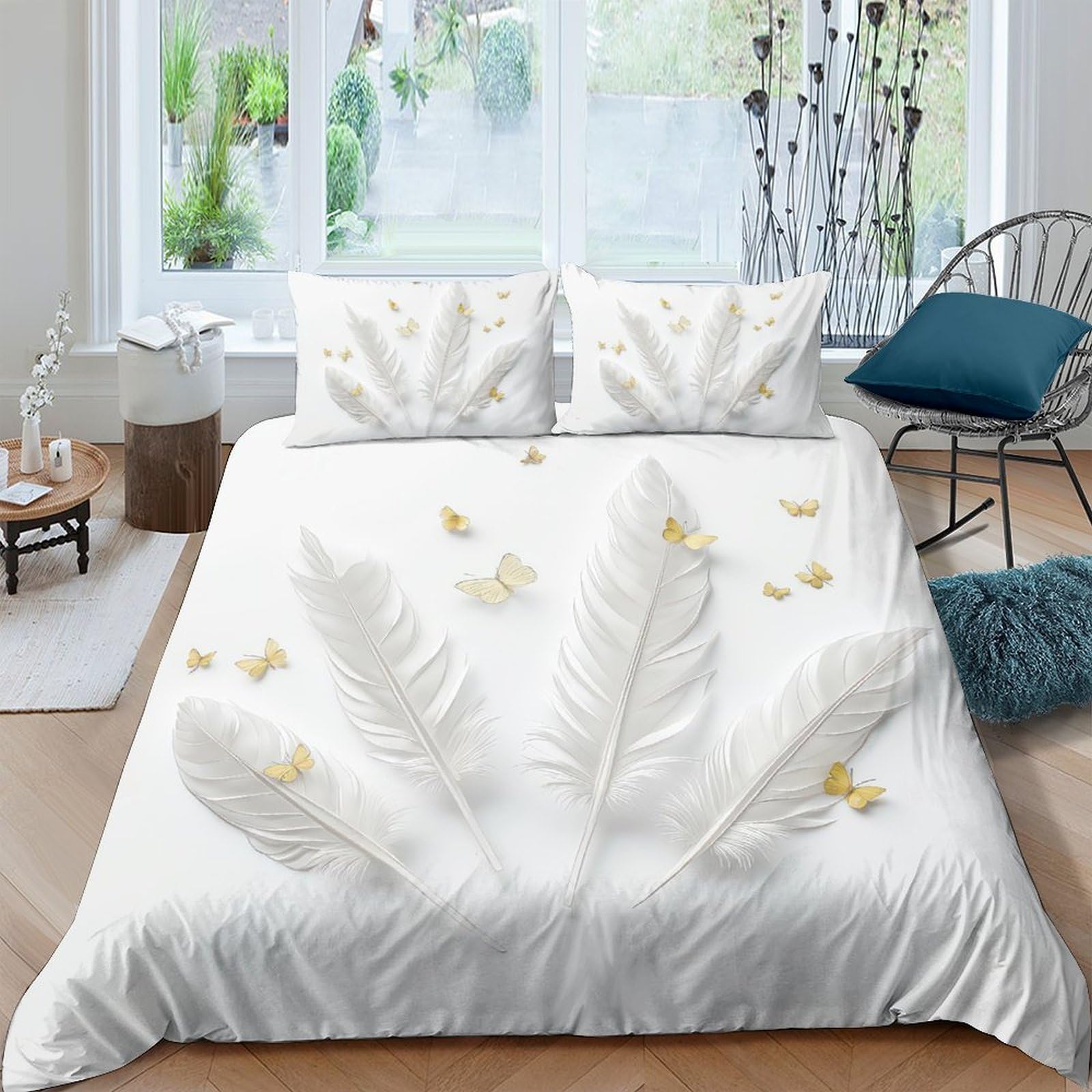 P5V6M1Q9 3D Printed White Feather Duvet Cover Microfiber Soft Breathable Gold Butterfly Bedding Set with 2 Pillowcases for Bedroom Decor, Single（135x200cm）