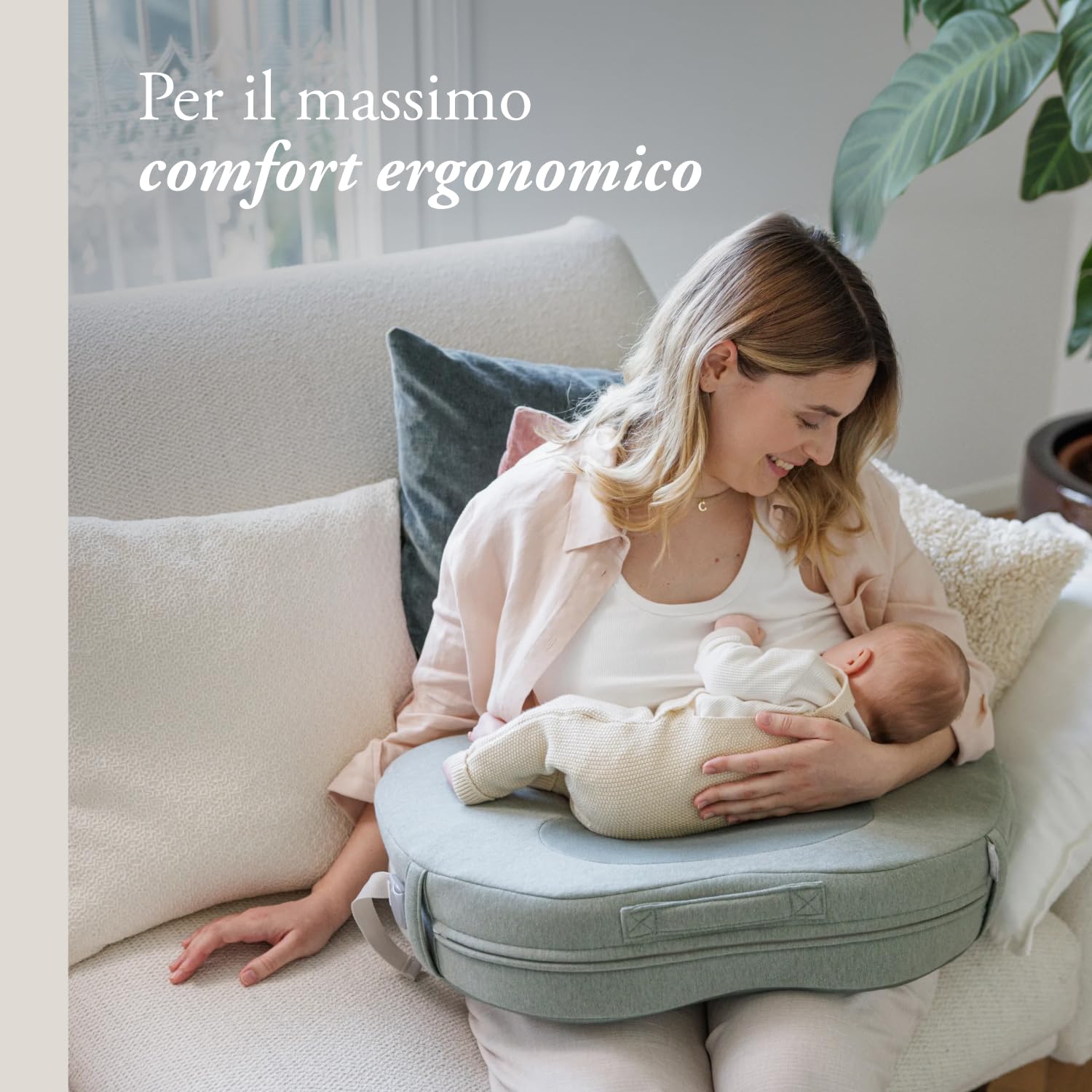 Inglesina Elysia Coussin d’Allaitement Ergonomique avec Ceinture Lombaire, Double Densité, Tissu Respirant en Bambou et Maille 3D, Soutien pour Maman et Bébé, 0-3+ Mois, Balance Green
