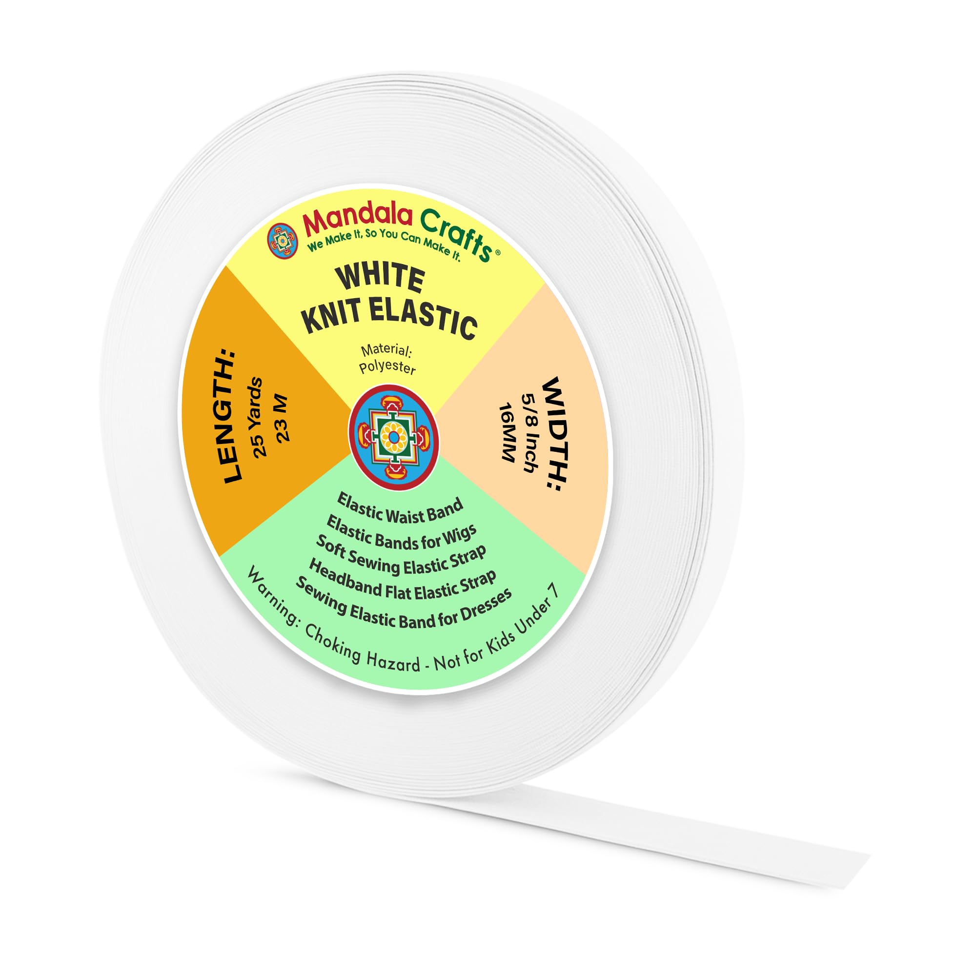 Mandala Crafts Knit Elastic Band for Sewing, Flat Stretch Strap Spool for Waistbands (White, 5/8 Inch 25 Yards)