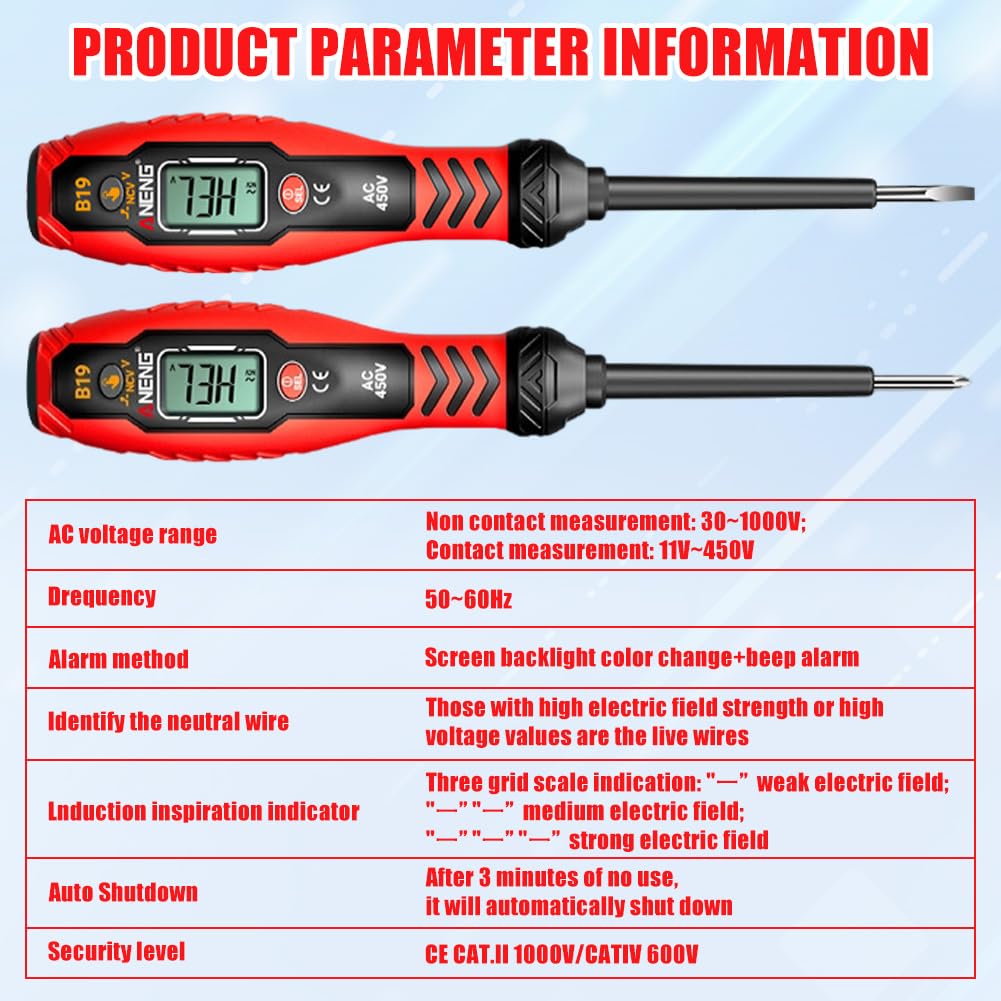 2 Stück Spannungsprüfer Mit Schraubendreher, Berührungsloser Spannungsdetektor, Stromprüfer mit LCD-Anzeige & Summeralarm & HaltepunktFinder, Phasenprüfer Dualbereich AC 11V/30V–1000V für Elektriker