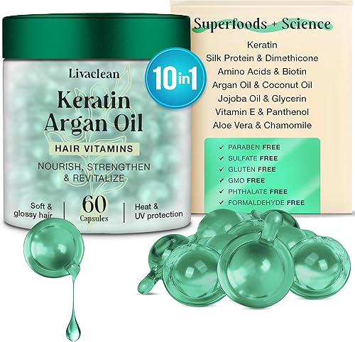 LivaClean Cápsulas de suero capilar de 60 CT para cabello encrespado, dañado, vitaminas para el cabello, queratina y aceite de argán con biotina,