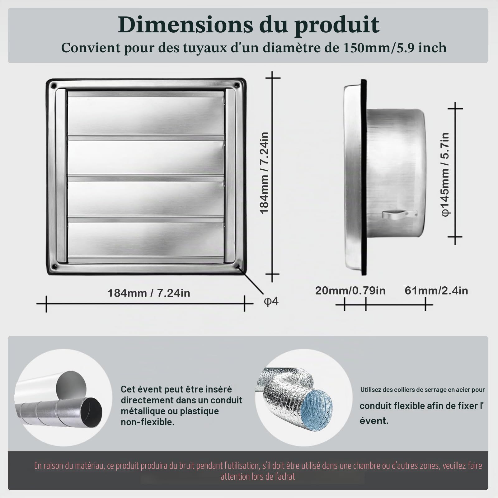 150mm Grille de ventilation, 304 inox Clapet anti-retour Grille de protection contre les intempéries, Grille de ventilation avec moustiquaire,Aeration INOX, pour tuyau VMC et gainage etc