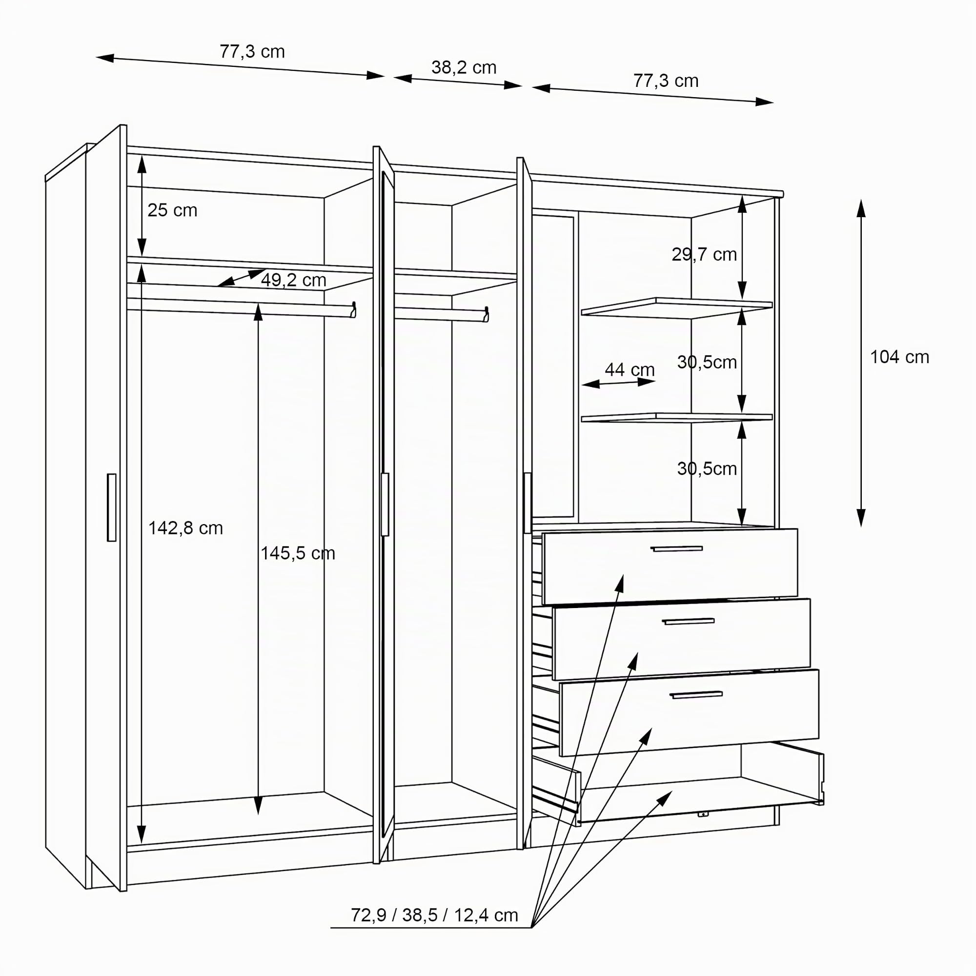 Forte Panama Kleiderschrank 200, modern-minimalistischer Kleiderschrank mit Regalkommode, 3-türig, 4 Schubladen, 2 Spiegel, Holzwerkstoff, Weiß, 199 cm breit x 181 cm hoch x 52,7 cm tief