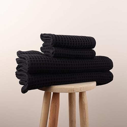 Püskül - Juego de 4 toallas de punto gofre para baño, algodón turco orgánico de primera calidad, 2 toallas de mano y 2 toallas de baño (negro)