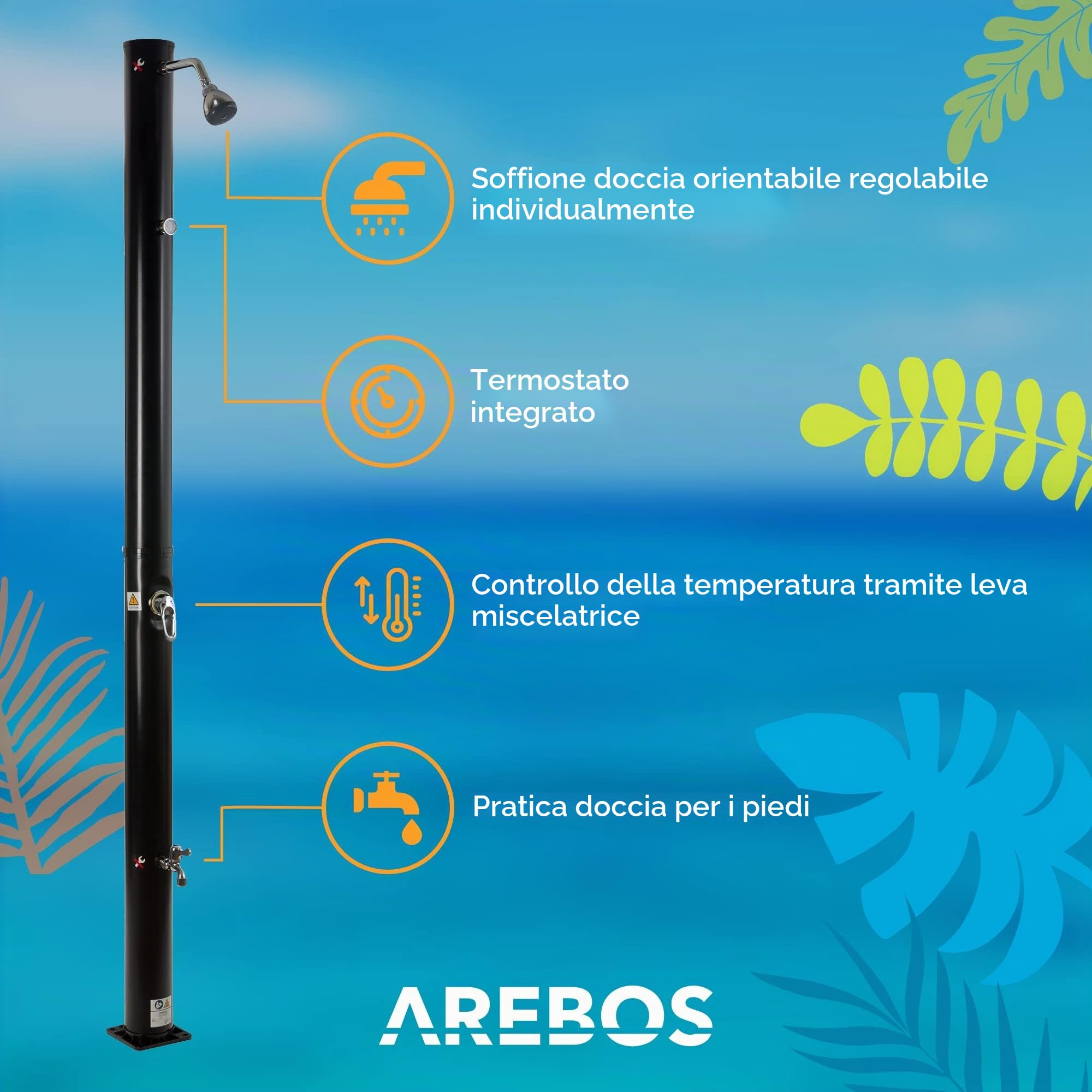 AREBOS Doccia Solare | 20 Litri | 221 cm | con termometro Integrato | incl.Copertina | soffione Doccia Tondo | con Doccia a Piedi | Doccia da Giardino con Attacco per Tubo Flessibile da Giardino