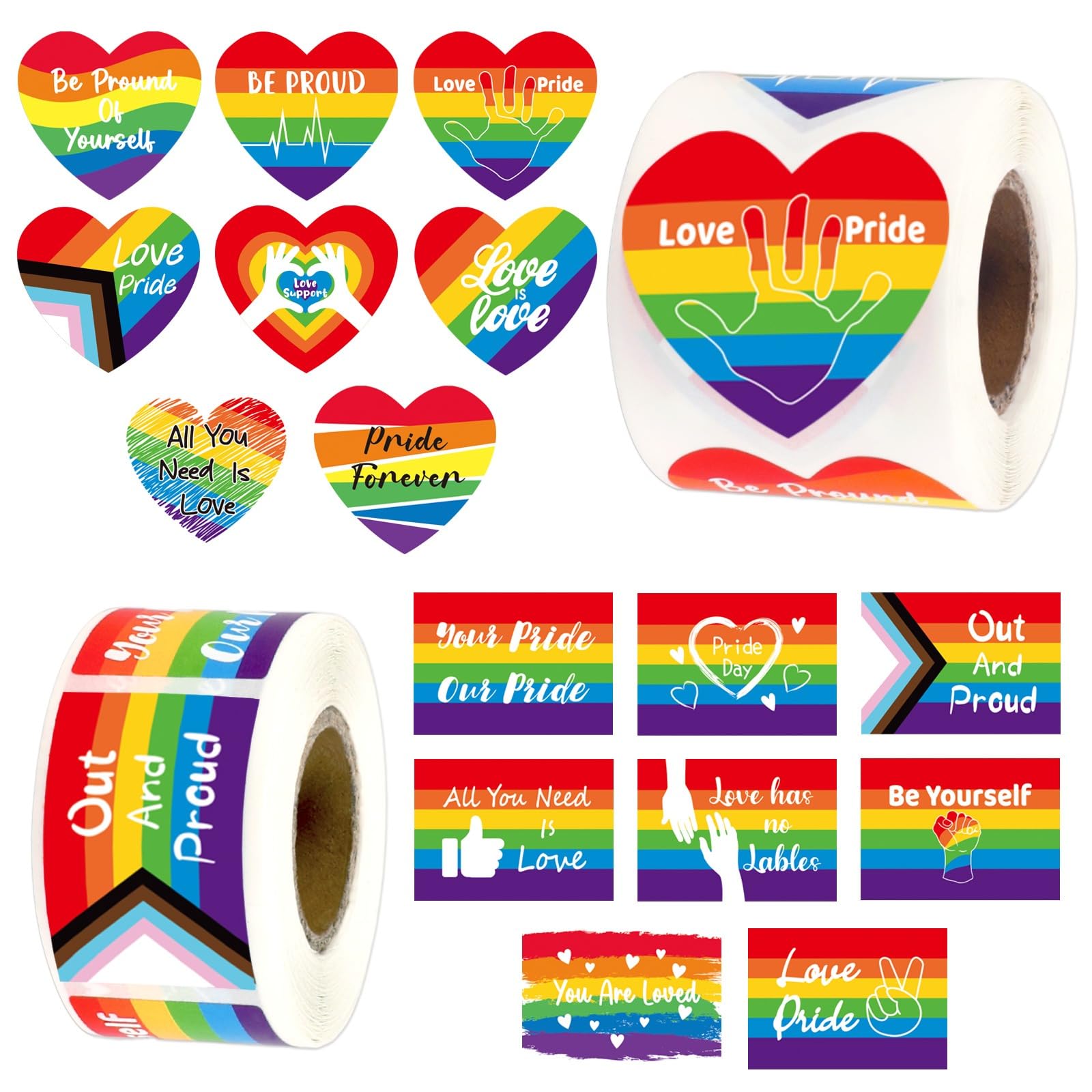 FEBSNOW LGBT Pride Sticker, 600Pcs 2 Roll Pride Rainbow Flag Heart Stickers Self Adhesive Envelope Sealer Decal Sticker for Pride Month Decorations Gay Lesbian Bisexual Parades and Events Accessories