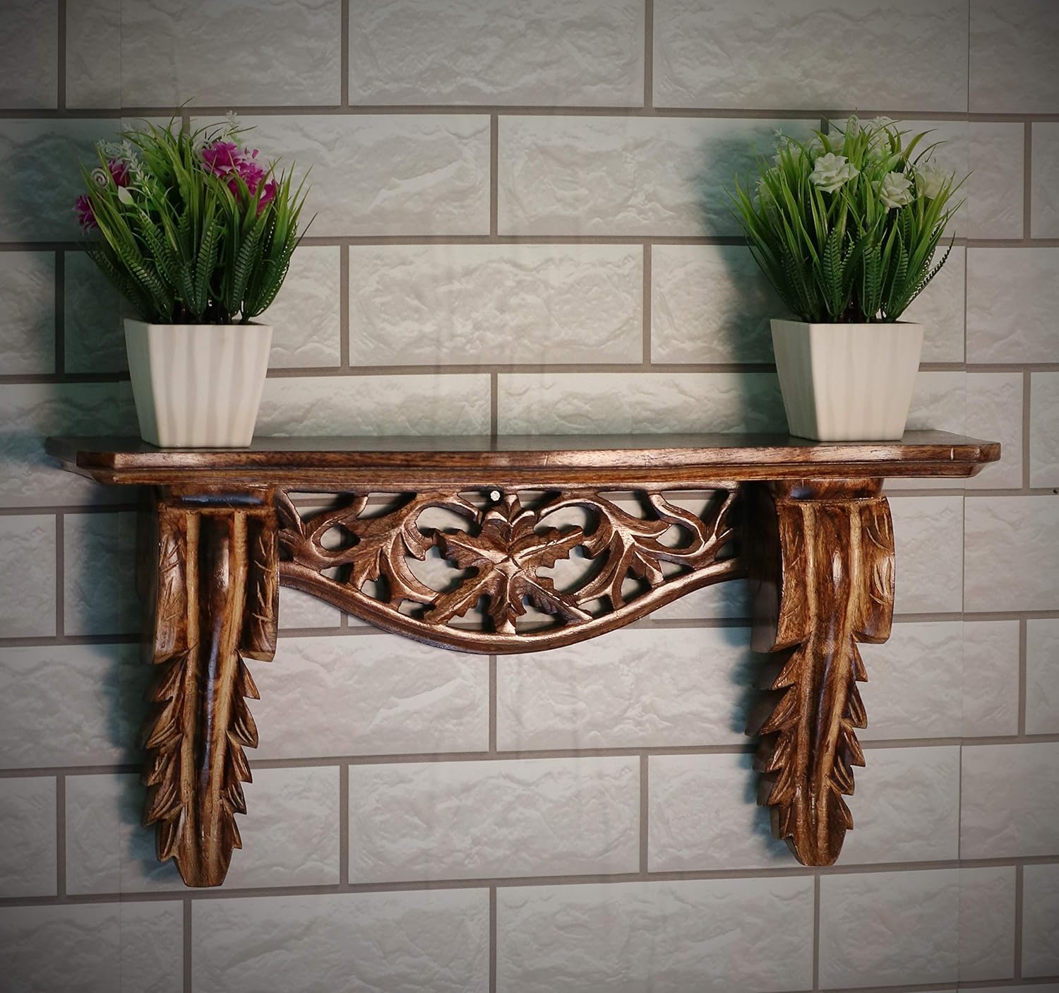 BOGEN LITE Beautiful Hand Carved Wood Lacquered Wall Decor Shelf for Living Room (Brown) (23 x5 x11 Inches)-image-44