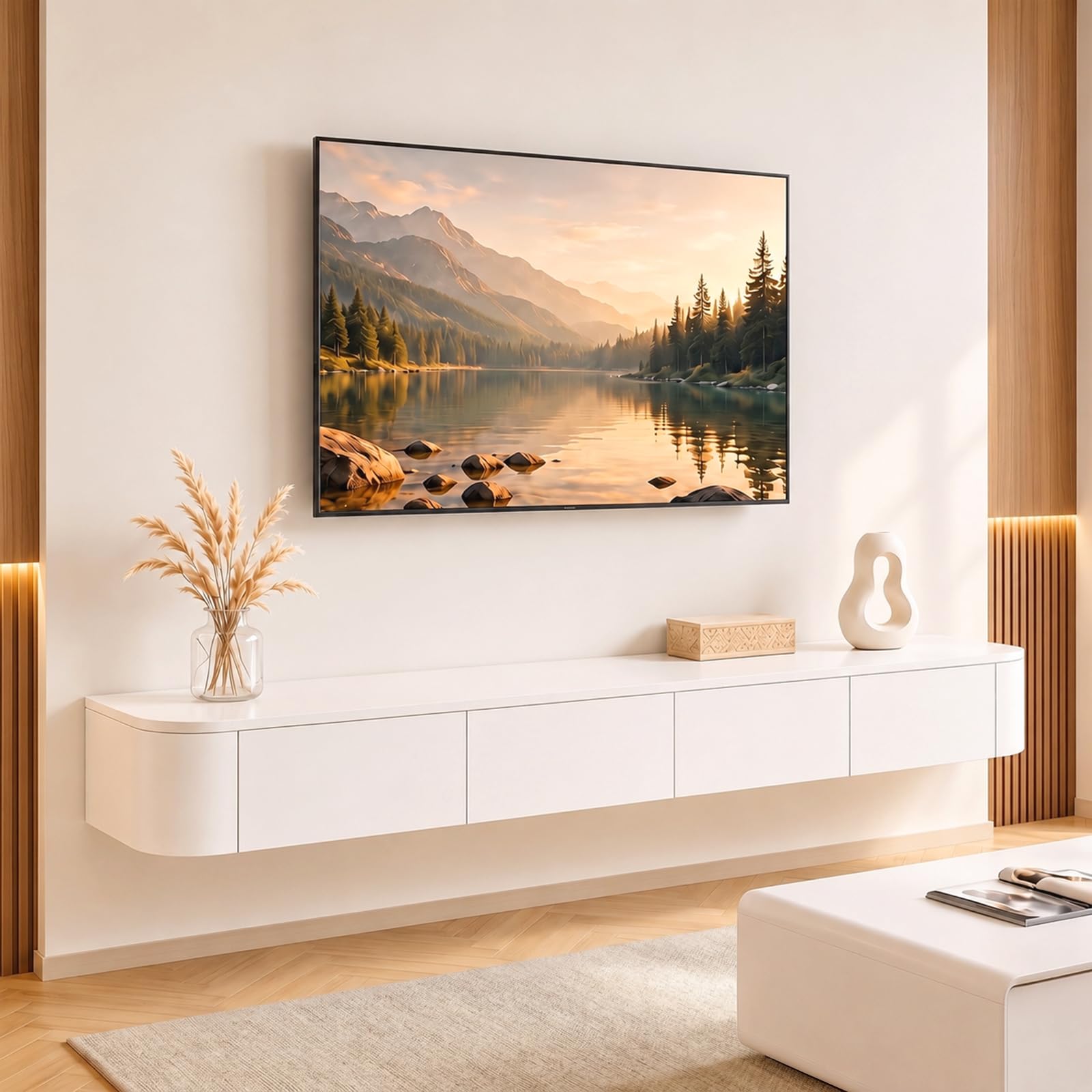 Mobile TV Sospeso Moderna | Consolle Multimediale da Parete | Grande Mobile TV con Spazio di Archiviazione per Soggiorno e Ufficio (Bianco, 220cm)