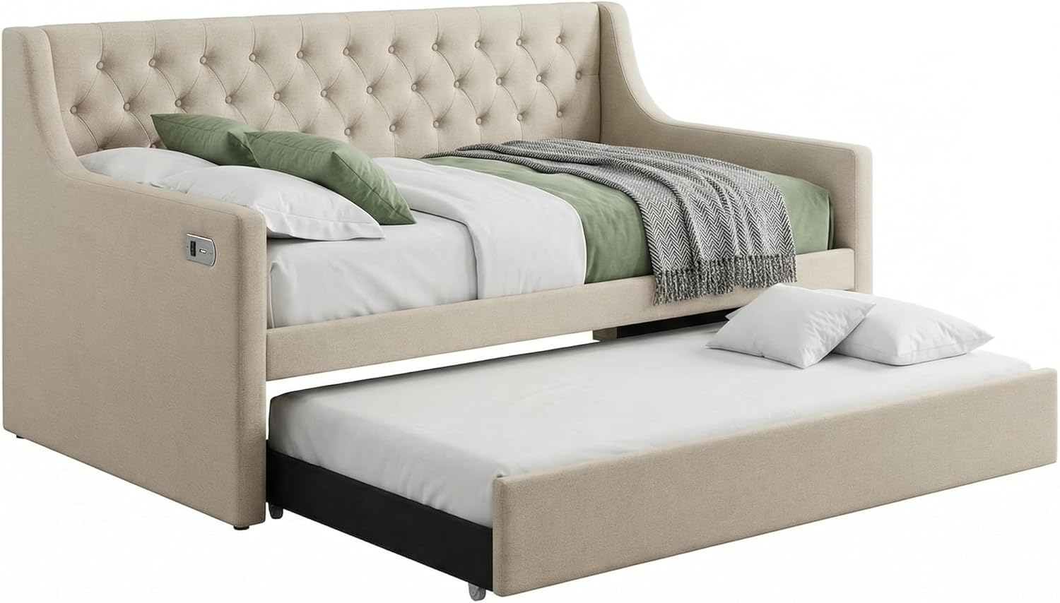 Queen Size Upholstered Platform Bed with Twin Trundle and Built-in USB Ports, Linen Fabric Bed Frame with Cushioned Headboard, Strong Wood Slats, Beige