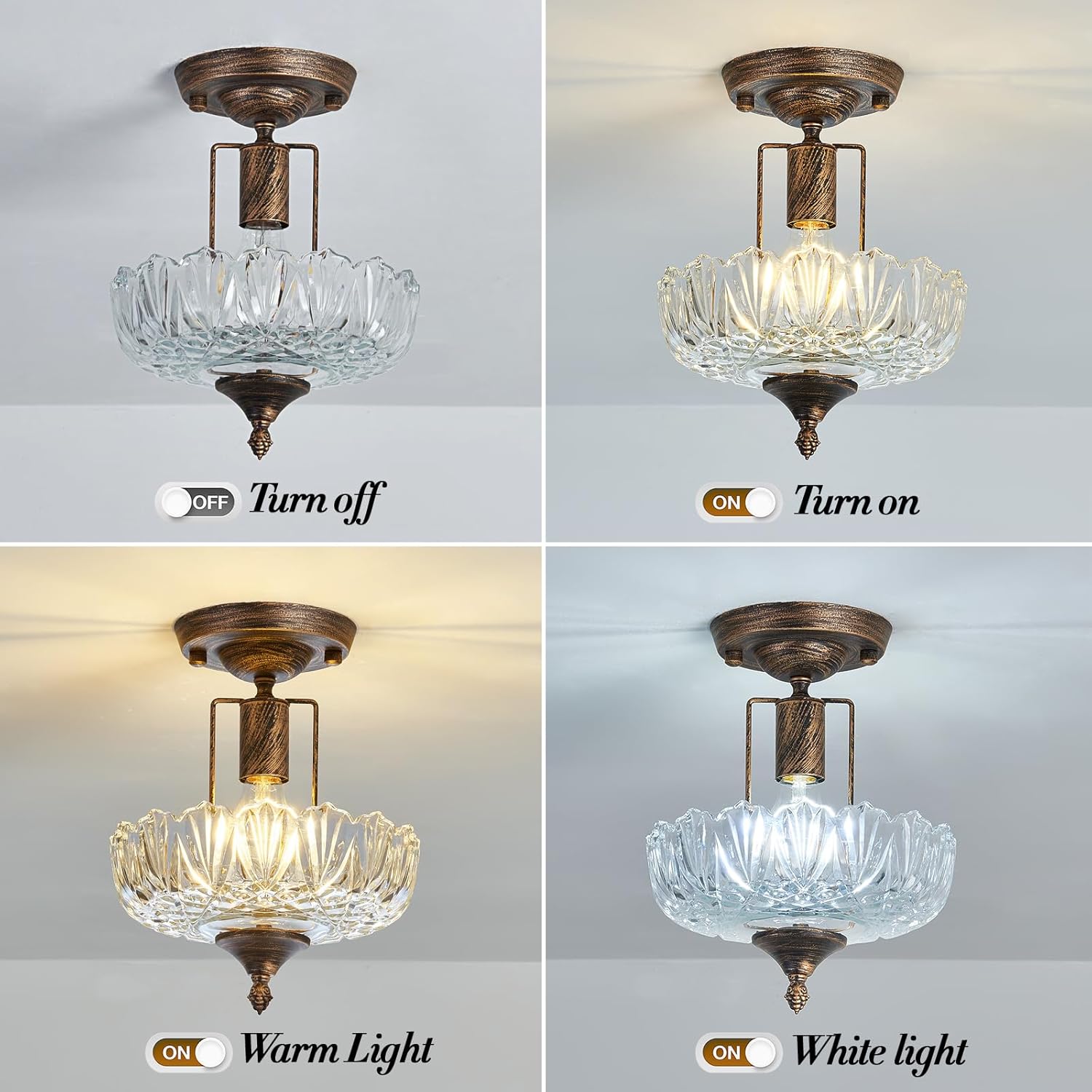 UOFUS Glass Ceiling Light Fixture Vintage Small Semi Flush Mount Chandelier Oil Rubbed Bronze Mini E26 Ceiling Lamp for Hallway Bedroom Bathroom Closet