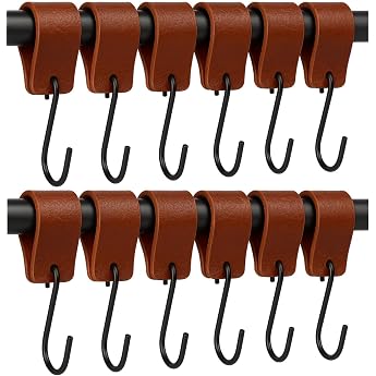 Brute Strength S Hooks with Leather Loop - Cognac - Pack of 12 - Coat Hooks
