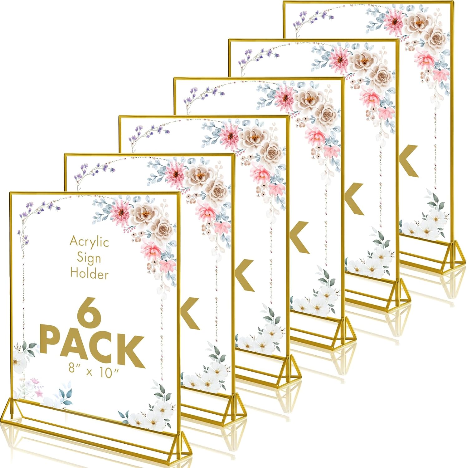 Blcculi 6 Pack Acrylic Sign Holder,8X10 Double Sided Gold Frames Clear Picture Frames Vertical Stand,Table Menu Holders Display Stand,Flyer Holder for Wedding Reception,Home,Party,Offices
