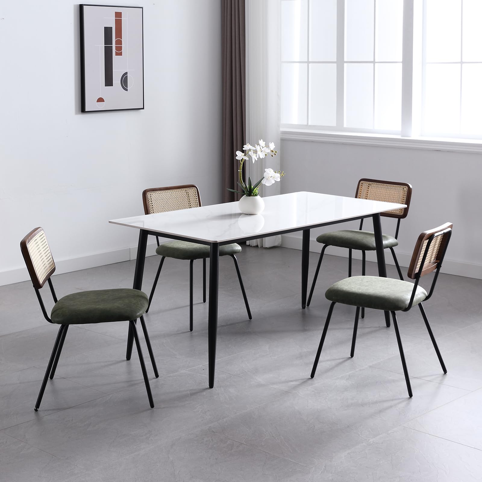 ZH4YOU Rattan Dining Chairs Set of 4, Mid Century Modern Chairs with Cane Back Upholstered Leather Kitchen Chairs Armless Side Chair with Metal Legs