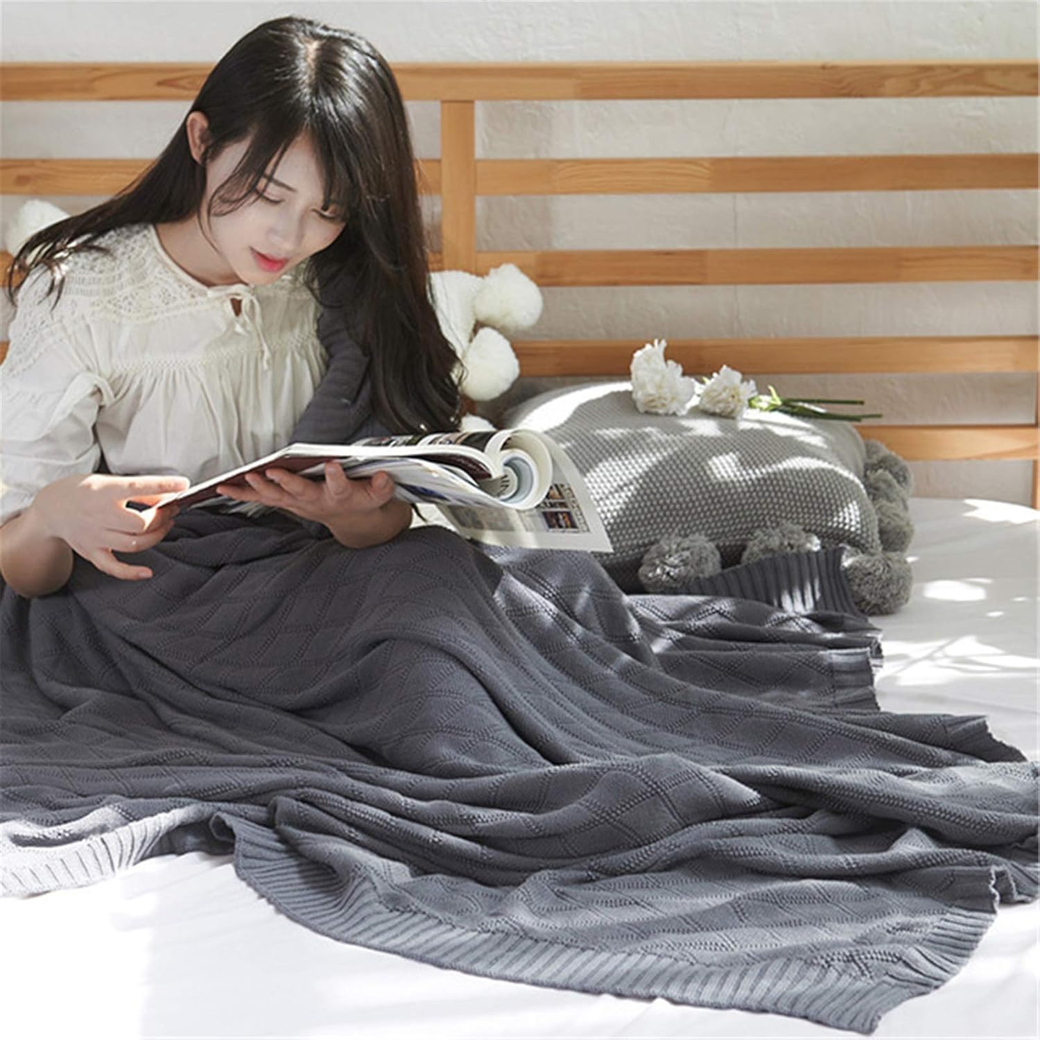 Nordic Summer Cotton Hemp Blanket Knitted Wool Office Air-conditioning Wool Blanket White, White, 180 * 200cm