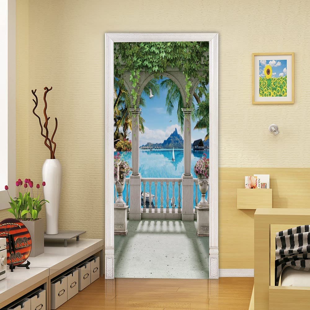 Trompe l'oeil Adesivi per Porte Vista mare ad arco Autoadesiva Impermeabile,Vinile PVC, Carta da parati per pareti e porte poster per la camera da letto e il soggiorno 77 x 200 cm