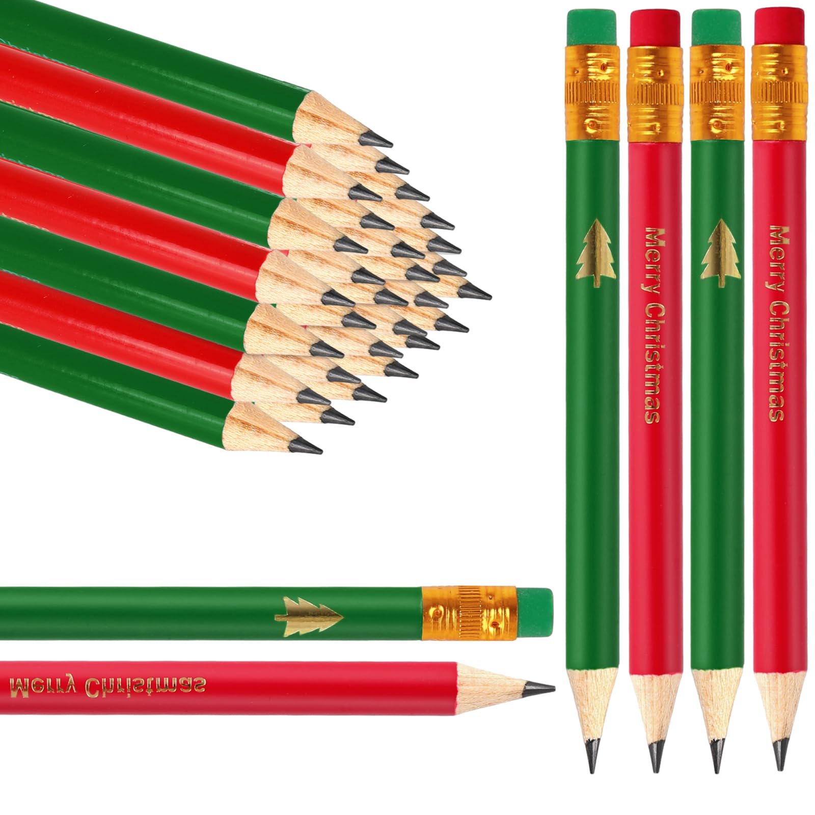 JarThenaAMCS 50 lápices cortos de Navidad con borrador de 4 pulgadas, color rojo y verde, lápiz de madera para Navidad, invierno, medio lápiz para aula, oficina, papelería, regalo