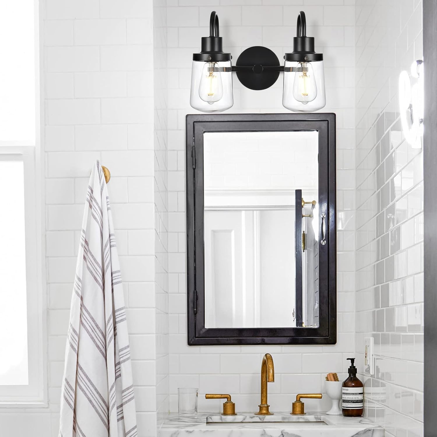 Bіg Sаlе YAOHONG 2-Lights Farmhouse Lamp, Modern Bathroom Vanity Light in Black, Farmhouse Wall Light Fixture with Clear Glass Shades, Indoor Wall Lamp