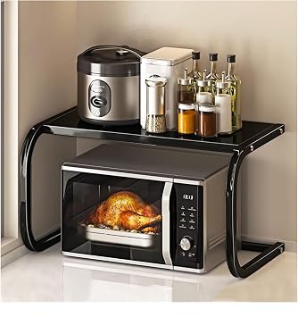 Microwave Shelf,Metal Frame Kitchen Storage Rack, Kitchen Bakers Rack, Microwave Oven Stand, Kitchen Counter Top Stand Organizer for Small Space, 2-Tier MediumBlack