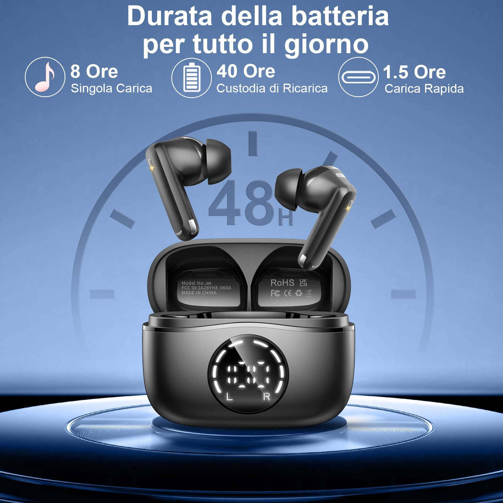 Cuffie Bluetooth, Auricolari Bluetooth 5.4 Stereo HiFi, 48 Ore Cuffie Wireless in Ear con 4 Microfono Cancellazione Rumore, cuffiette bluetooth IP7 Impermeabile,cuffie Senza Fili per iPhone Android