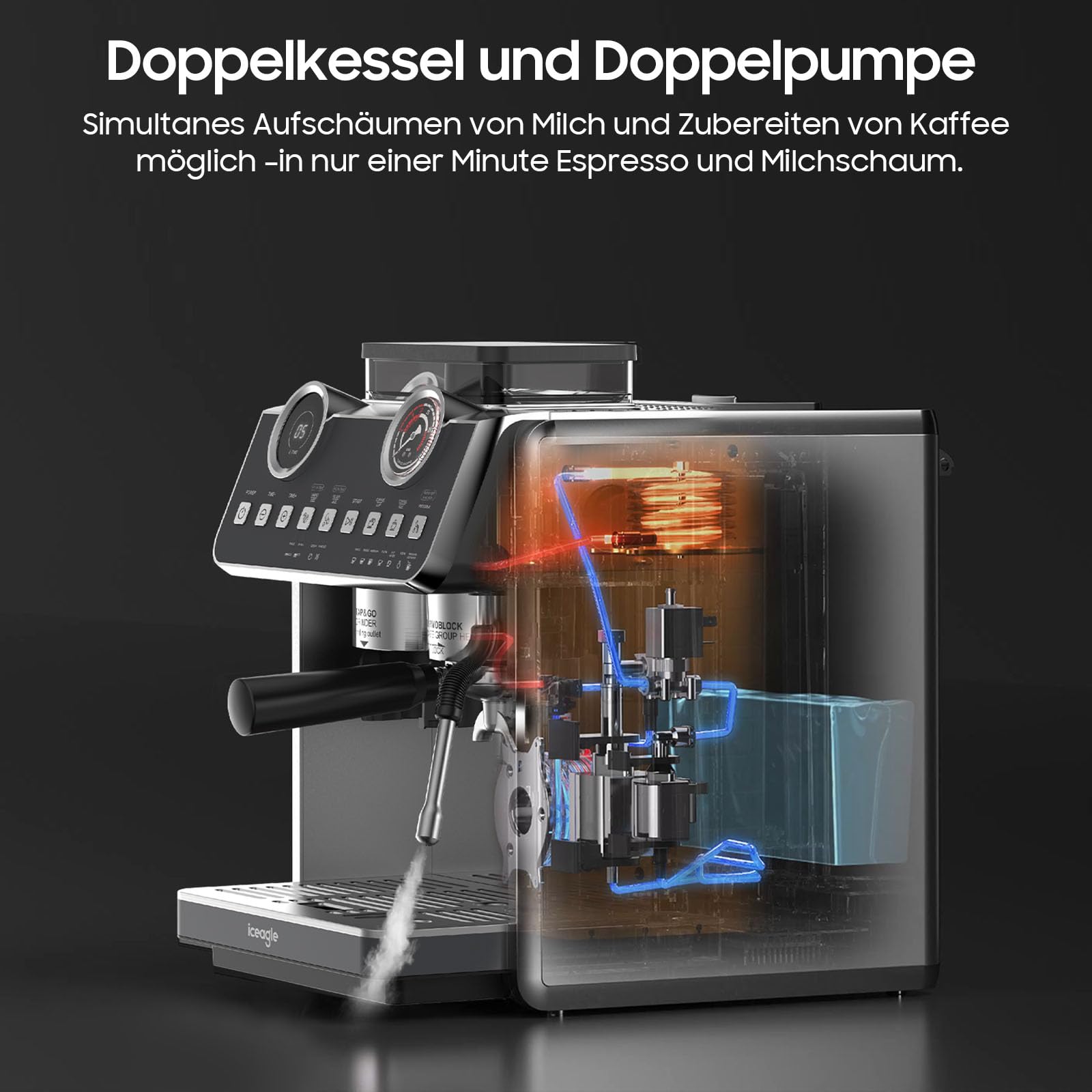 iceagle Macchina per caffè espresso EM653, 2200 W, con ugello professionale per schiumalatte, macchina da caffè con 2 sistemi di riscaldamento, pompa a pressione da 20 bar, 2,7 litri