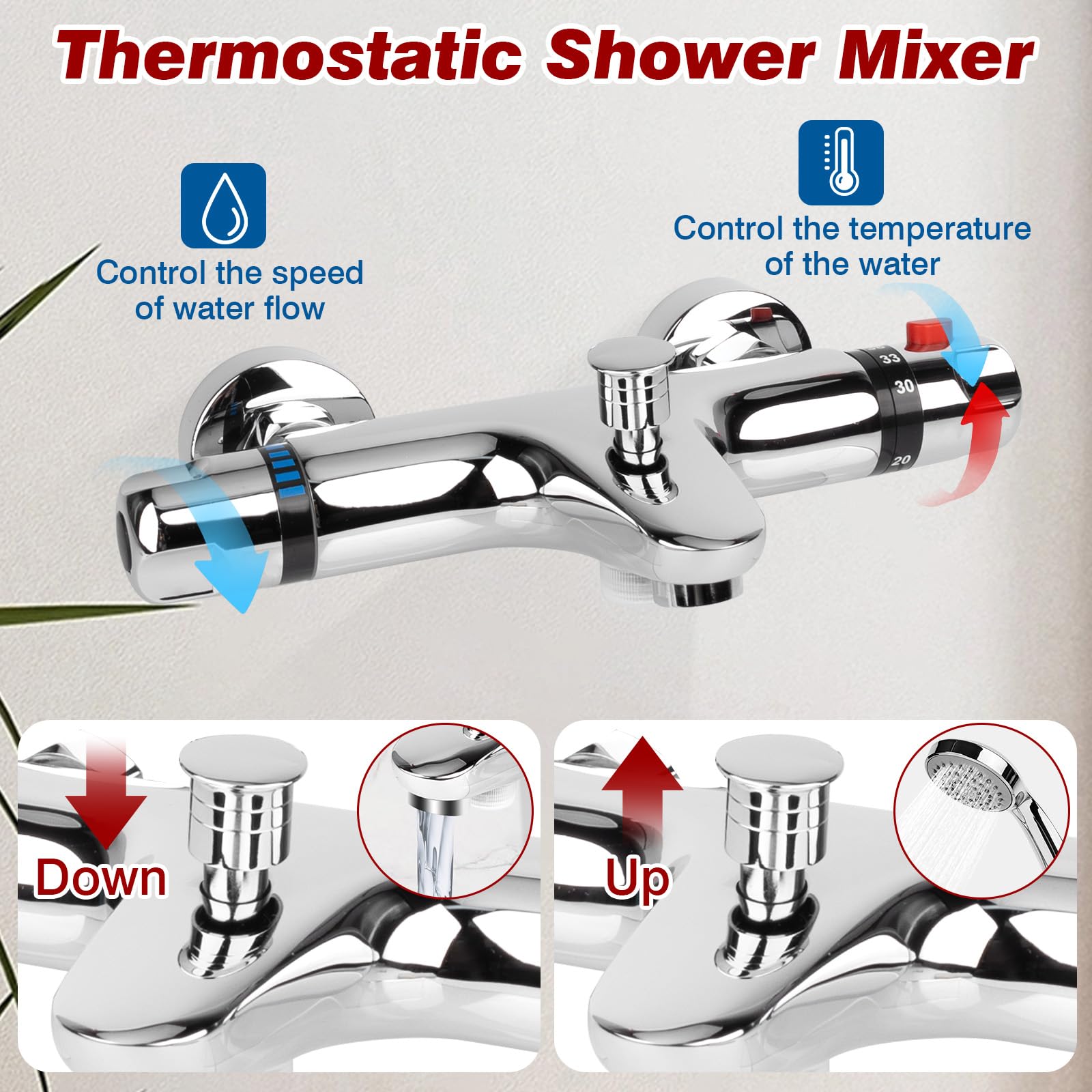 Miscelatore Doccia con Termostatico, 2 Uscite Ubinetto Vasca con Pulsante di Sicurezza 38°C, Miscelatore Vasca da Bagno Termostatico per Doccia per Temperature Calde e Fredde (20°-50°C)