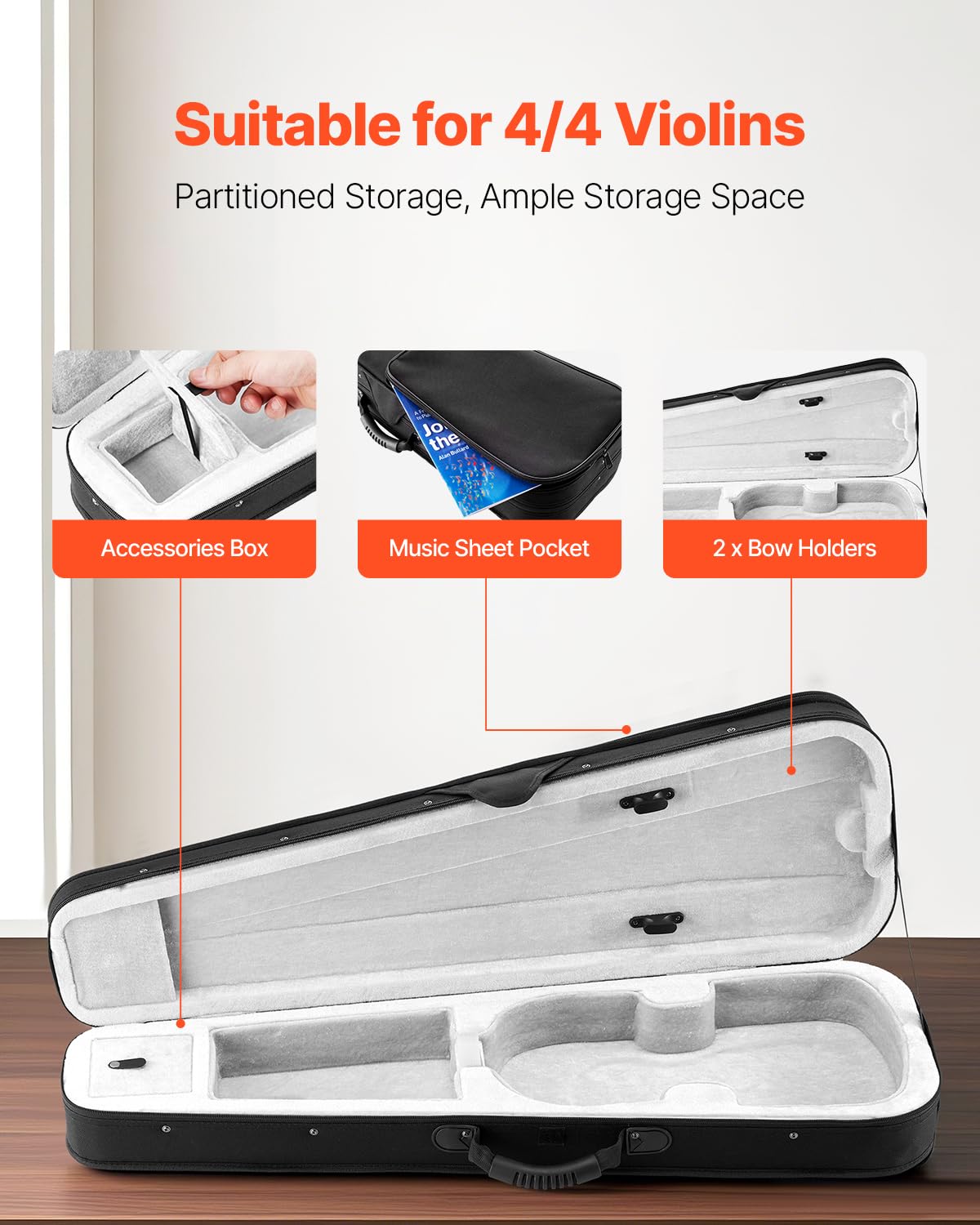 VEVOR Étui pour Violon 4/4, en Nylon, Léger et Portable, Doublure en Peluche, Double Bandoulière, Anti-Rayures, Forme Triangulaire Professionnelle, Transport Confortable à l'Épaule ou à la Main, Noir