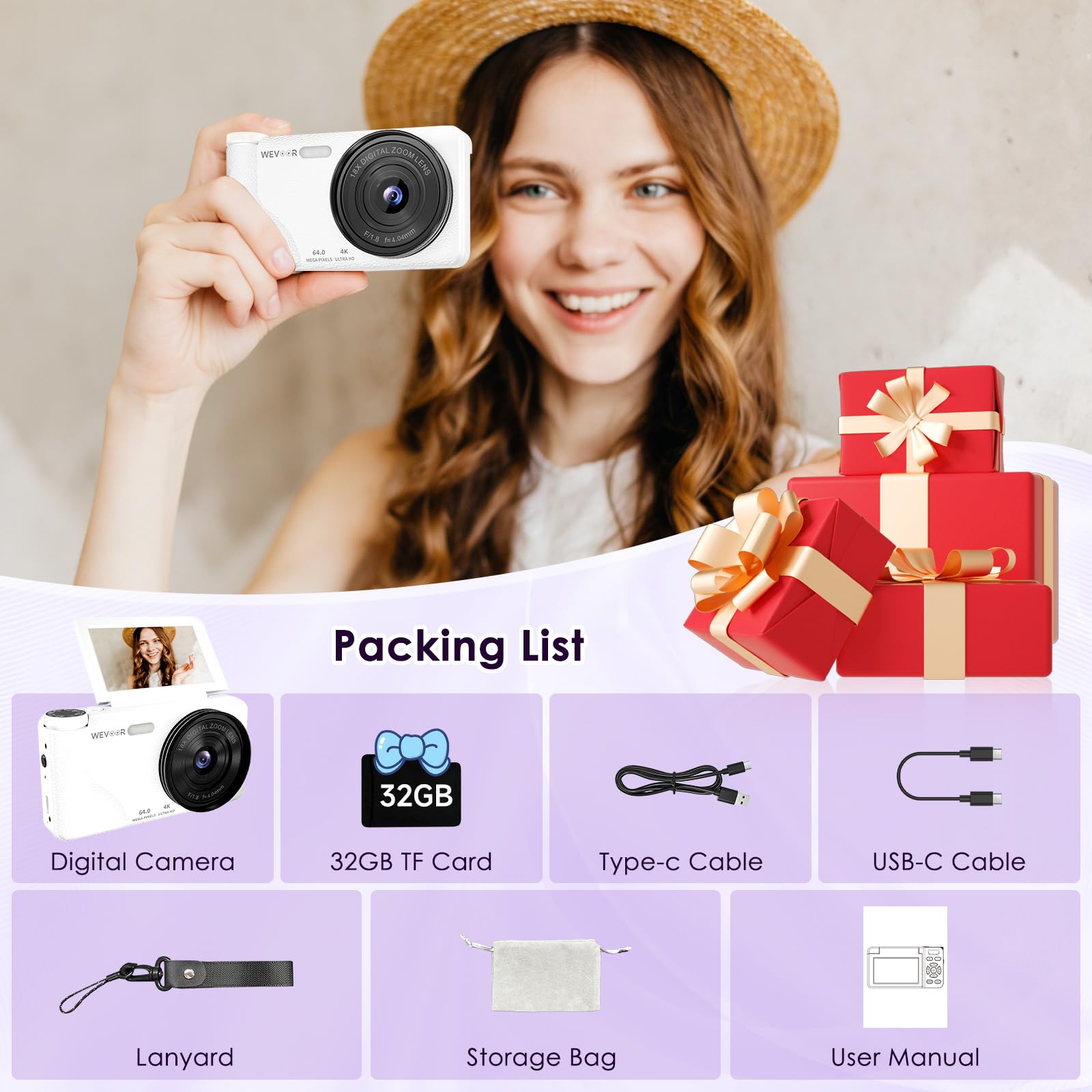 Digitalkamera 64MP 4K, Wevoor Kompaktkamera mit 3" 180° Flip Screen, 2000mAh Akku, 32GB Karte, Autofokus & 18X Digitalzoom, Fotokamera für Vlogging Selfies Reisen Anfänger Teens Kinder - Weiß