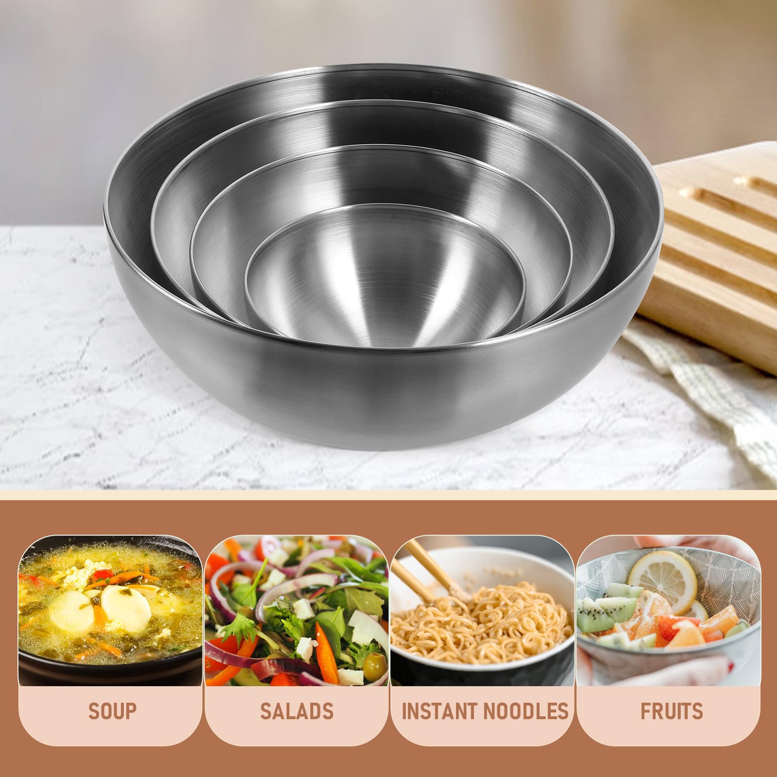 Juego de 4 Tazones de Acero Inoxidable para Mezclar y Servir, Cuencos Grandes Duraderos y Prácticos para Postres y Snacks en Bares y Restaurantes