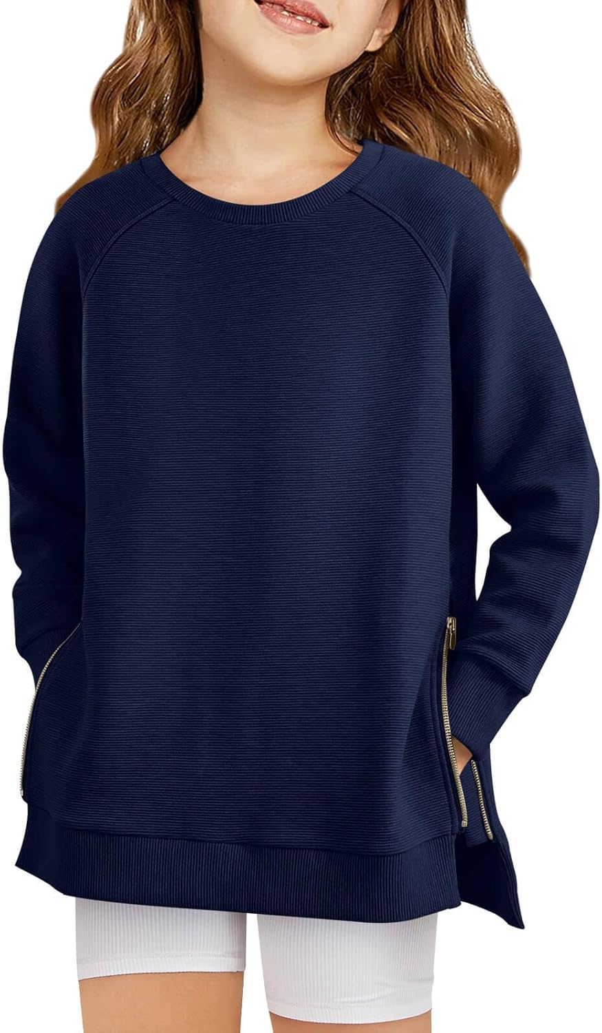 Haloumoning Girls Sweatshirts Casual Long Sleeve Crew Neck Pullover Tops with Side Zipper Fall Clothes 5-14Y