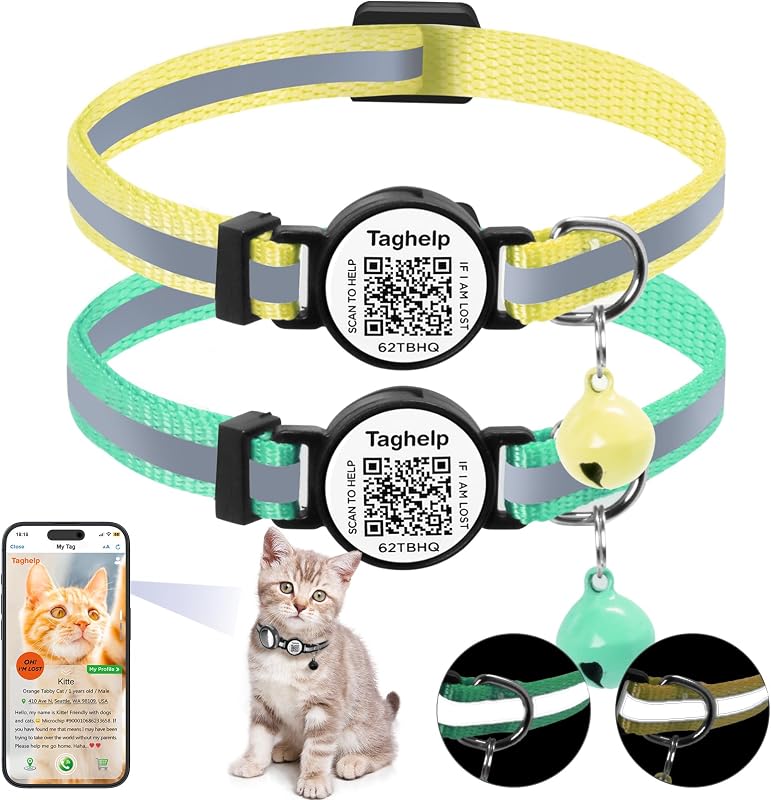 Coleira para Gatos com Plaquinha de Identificação por QR Code, Refletiva e Breakaway Taghelp Amarela e Verde, Pacote com 2