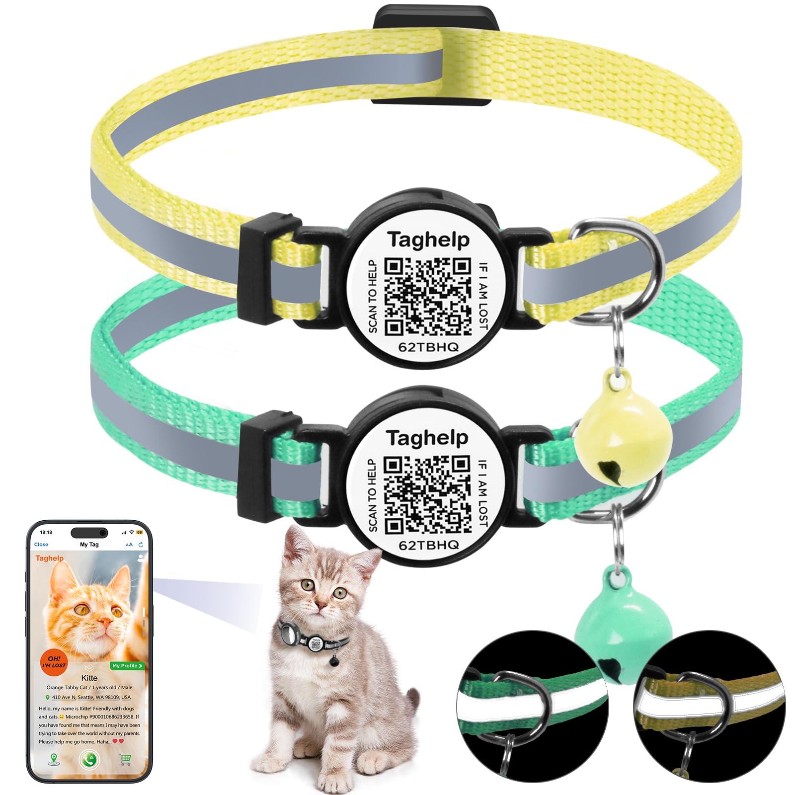 TAGHELP Smart QR Code Cat Collar 2-Pack, Breakaway Reflective Collar with Digital ID Tag - The Smart Upgrade to Personalized Name Collars, Adjustable
