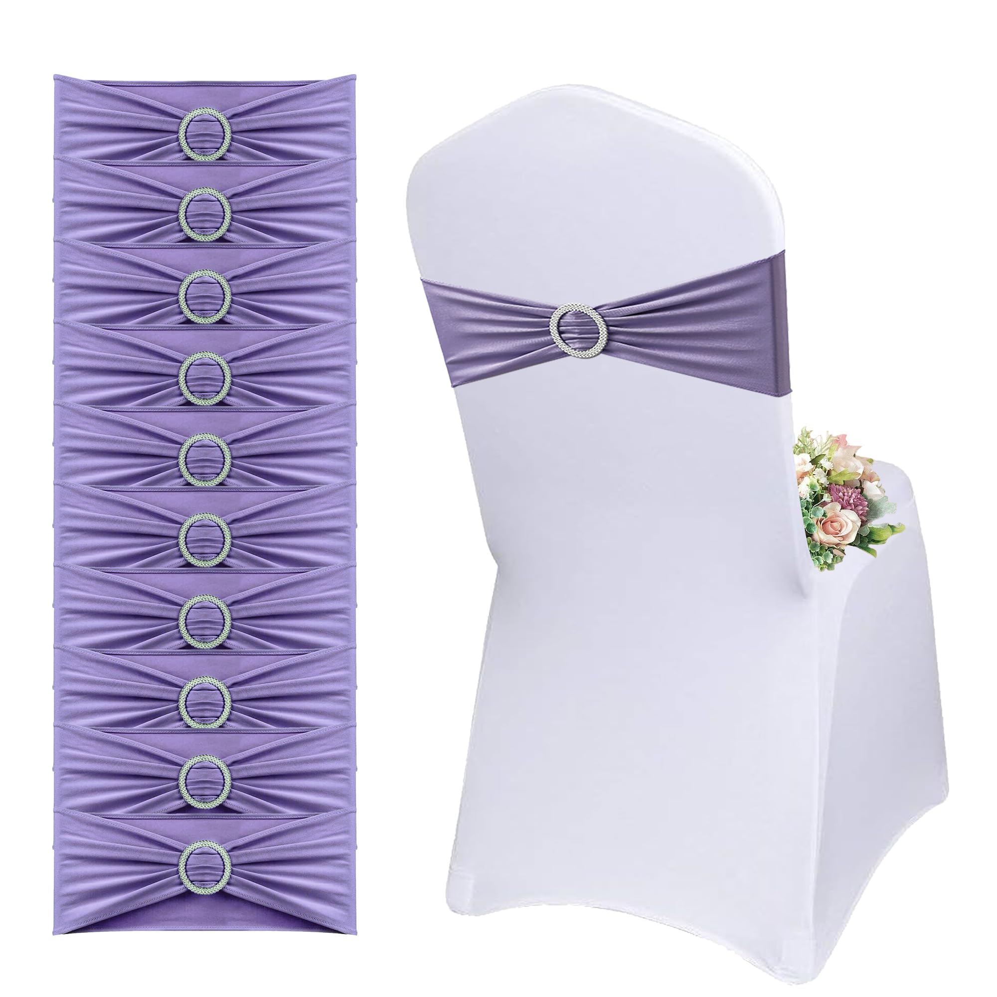 QeeFop 50 x Elastic Chair Sashes with Round Buckle, Spandex Chair Bows Wedding Chair Covers Bands Chair Ties Decoration for Wedding, Baby Shower, Banquet, Reception, Birthday, Party (Purple)