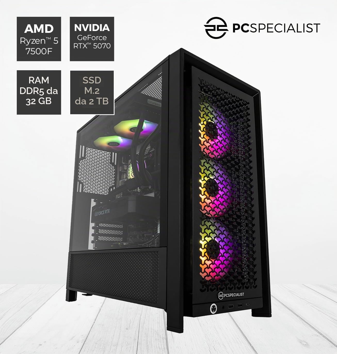 PCSpecialist Pro PC Gaming - AMD Ryzen 5 7500F 3,70 GHz 6-Core, 32 GB DDR5 RAM, 12 GB GEFORCE RTX 5070, 2TB M.2 SSD, Windows 11