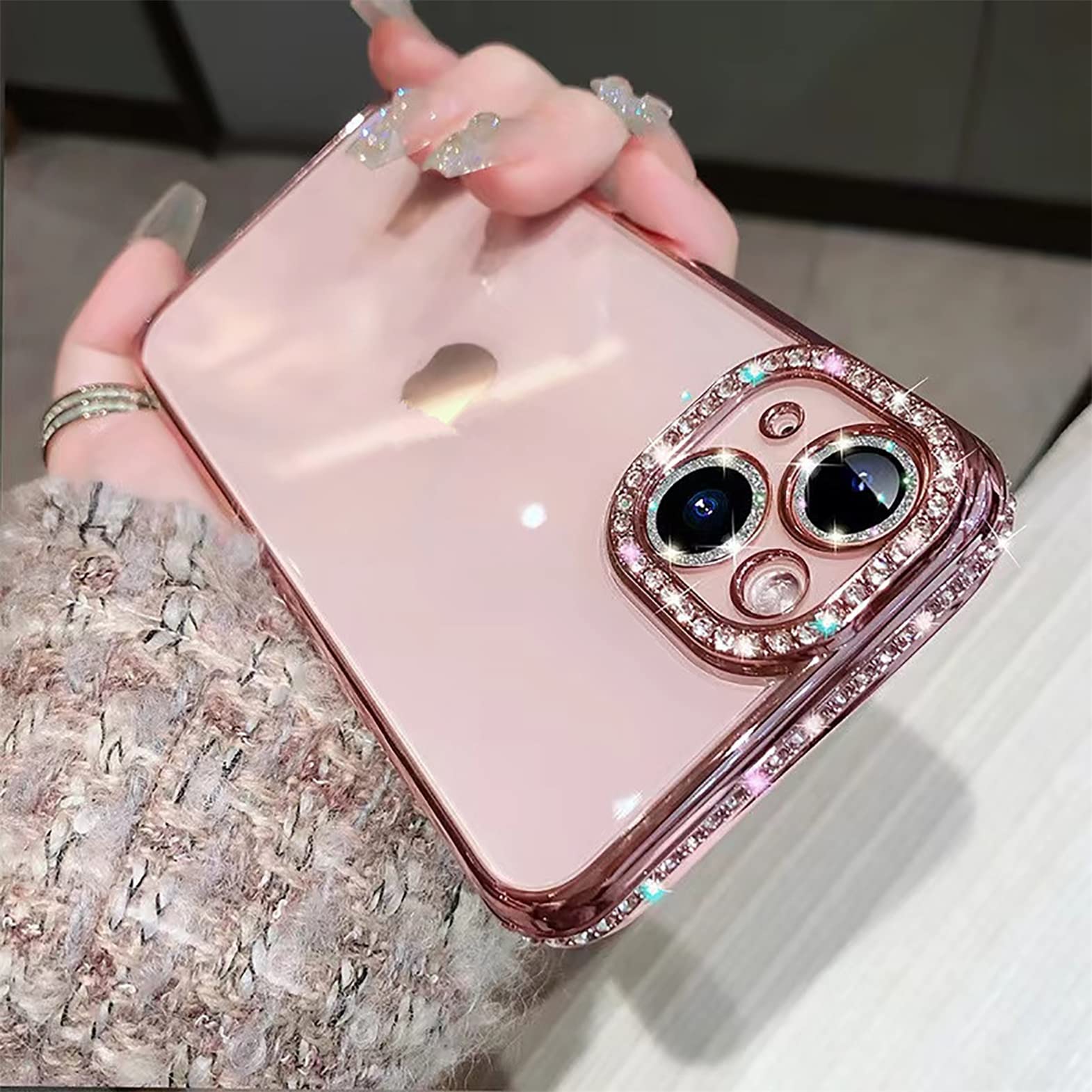 Tybiky Custodia per iPhone 14 Plus, in silicone con glitter, trasparente, protezione TPU, paraurti, rivestimento brillante, con strass, diamante, paraurti lucido, custodia per iPhone 14 Plus. Rosa-Oro