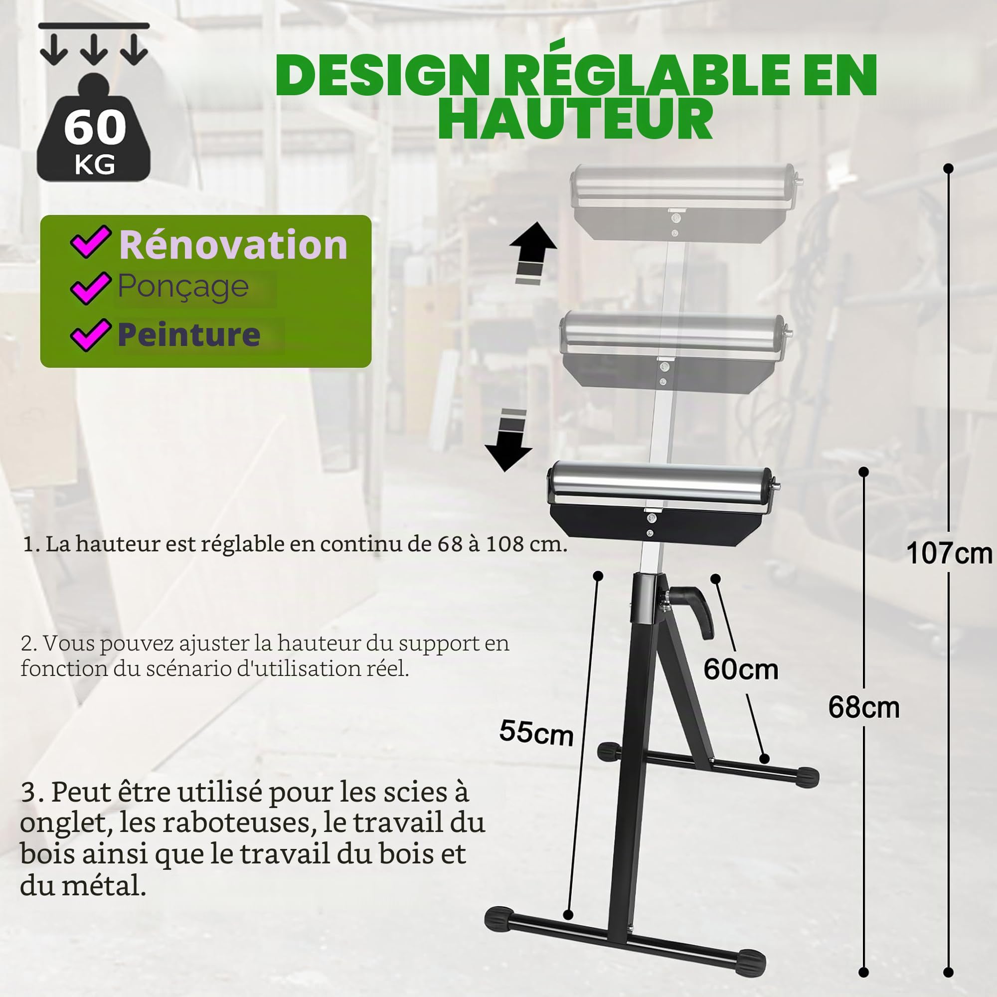 Froadp Lot de 2 tréteaux roulants en acier 68-108 cm - Réglables en hauteur - Pieds antidérapants - Pliables - Support de rouleau - Établi - Outils d'extension - Support de capacité 60 kg par pièce