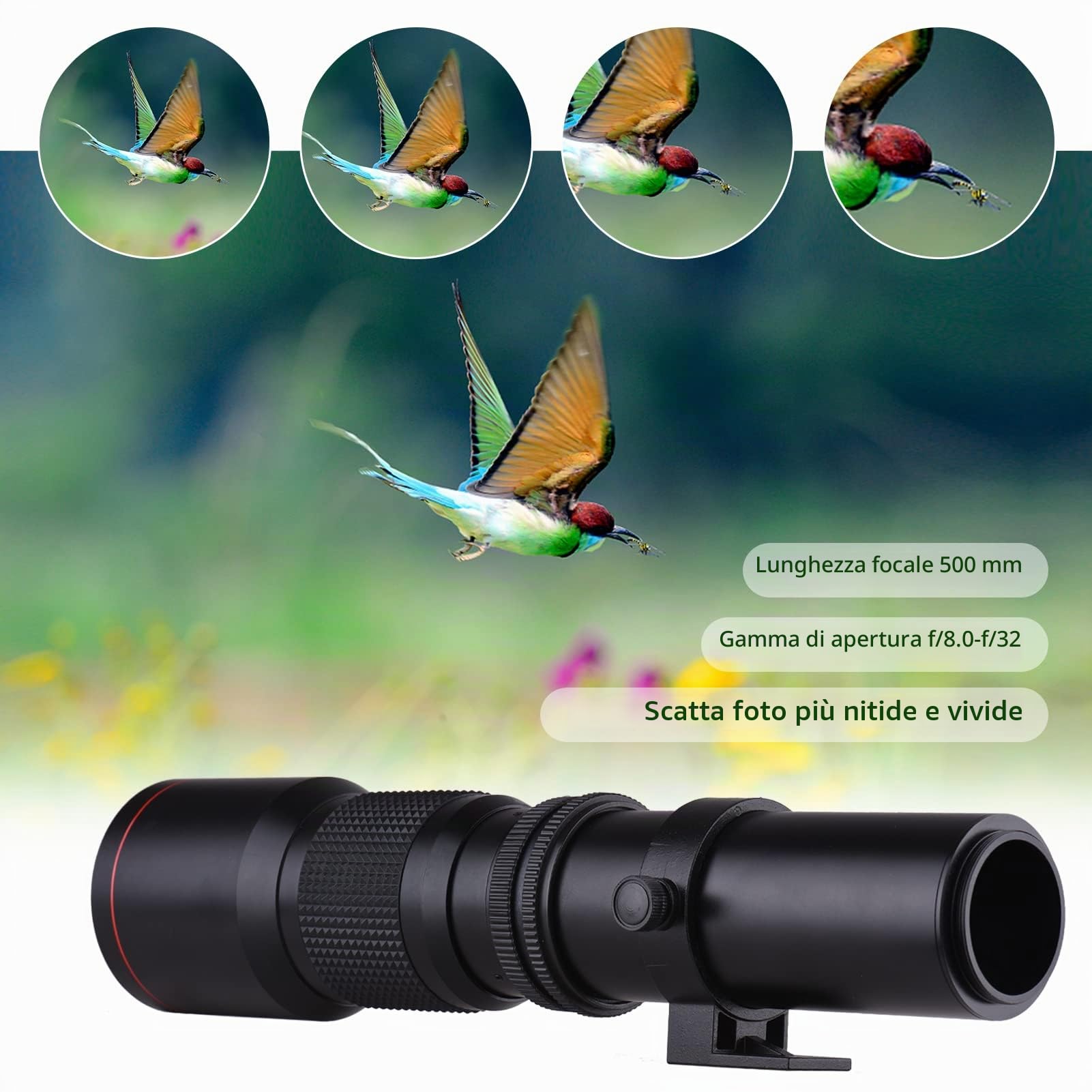 Teleobiettivo Zoom 500mm F/8.0-32 Obiettivo Manuale con Teleconvertitore 2X 500mm e Adattatore T2-, Attacco per Treppiede, Kit Teleobiettivo per Fotografia Naturalistica,