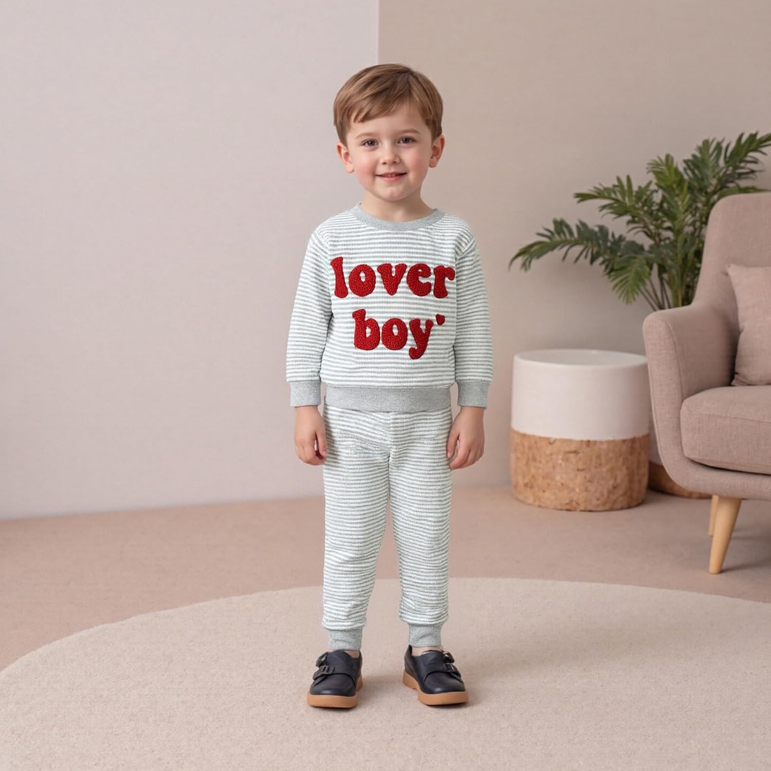 Toddler Baby Boy Valentines Day Outfit Lover Boy Embroidery Waffle Knit Long Sleeve Sweatshirt and Pants Set - Image 3